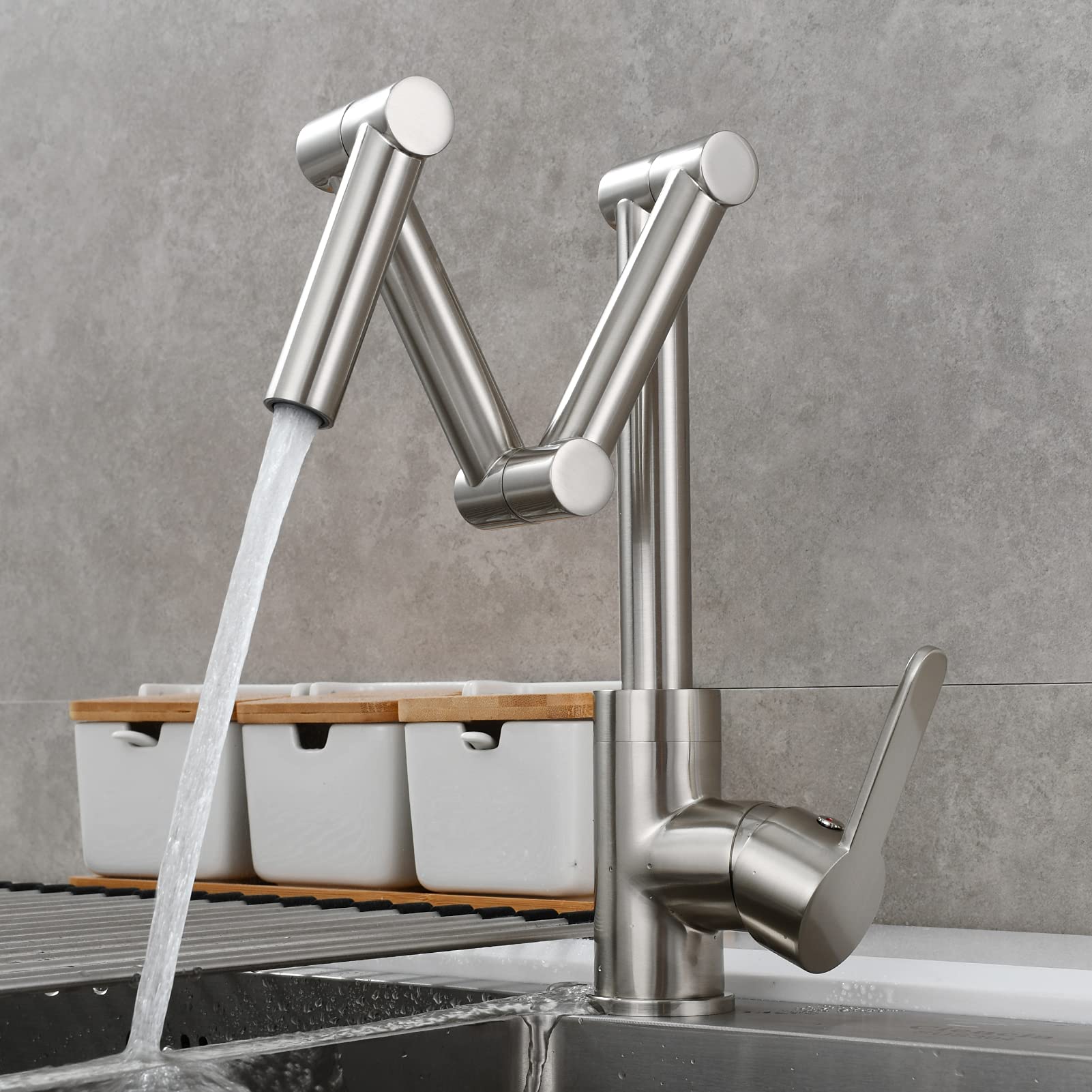 Brass Retractable Pot Filler Faucet - Single Hole Deck Mount Kitchen Sink Faucet in Brushed Nickel (BNA1231) - Perfect for Home Kitchen, Restaurant & Commercial Use