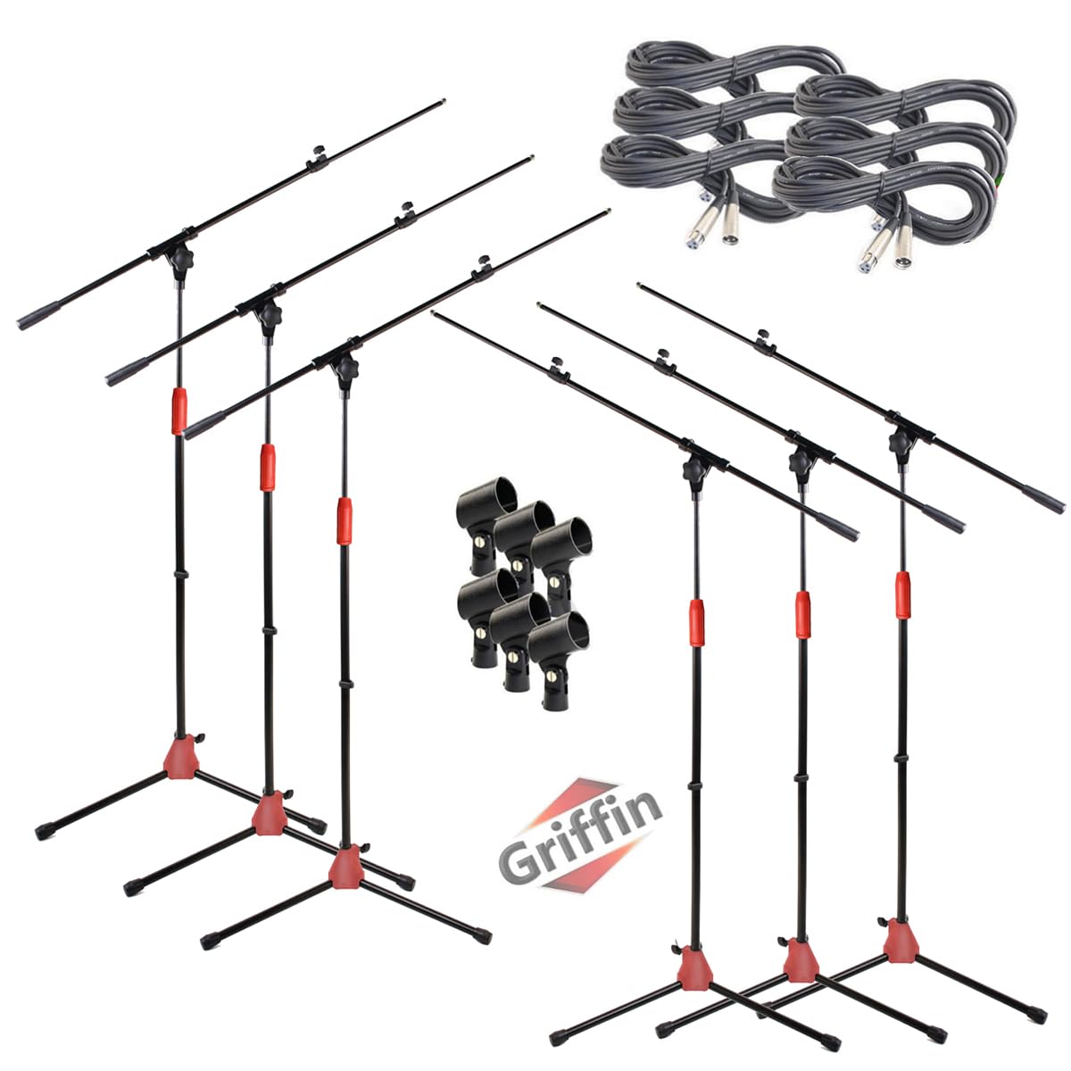 **GRIFFIN Professional Microphone Boom Stand (6-Pack) with XLR Cables & Mic Clip | Adjustable Telescopic Arm & Tripod Base for Studio Recording, Live Singing, Karaoke, DJ Performances | Includes 20ft Pro Audio Mic Cable (24 AWG) – Perfect for Home Studios, Podcasting & Stage Events**