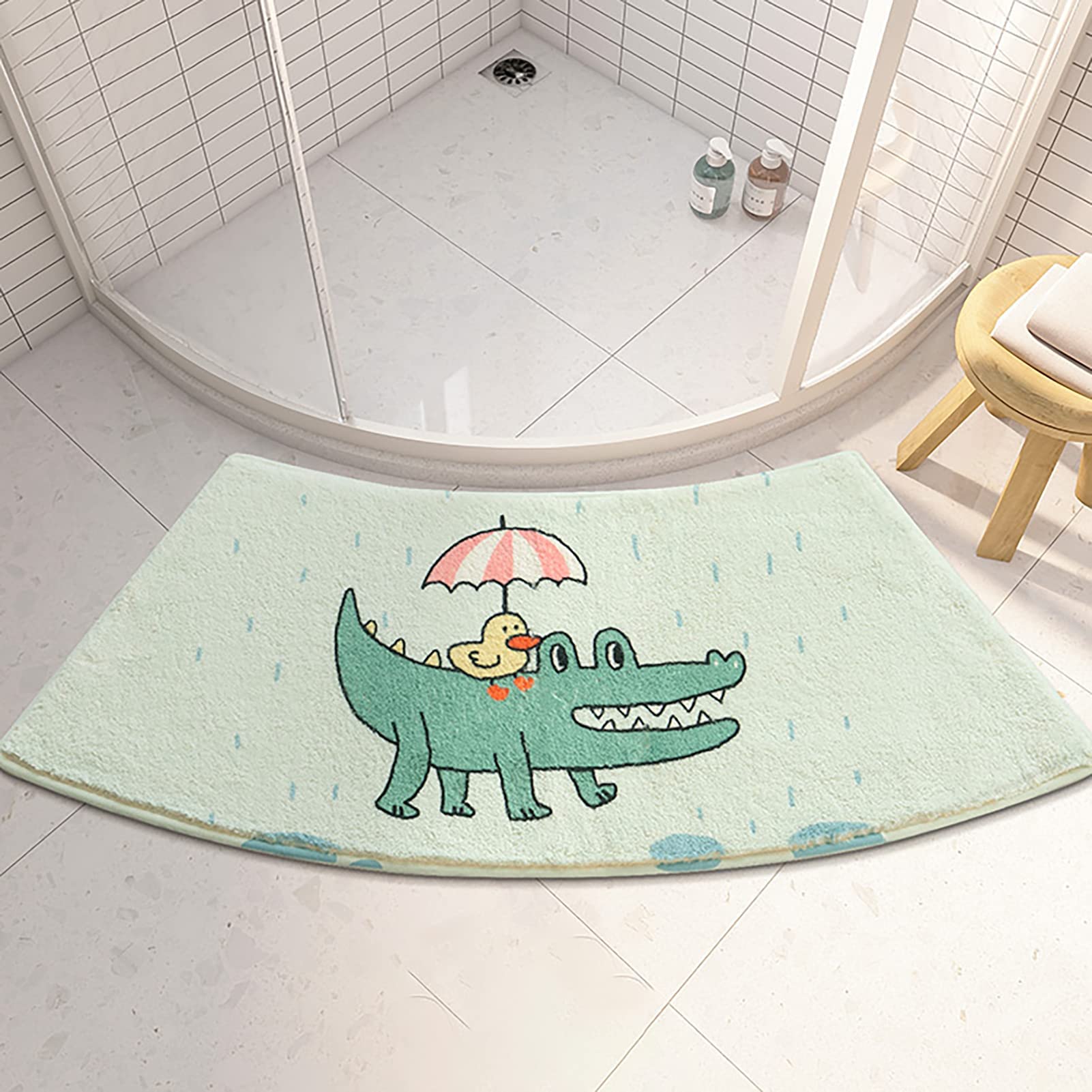 XJZKA Non-Slip Curved Bath Mat for Shower & Tub - Soft Fluffy Shaggy Bathroom Rug (45x100cm) - Machine Washable Corner Mat for Quadrant Showers, Bathtubs & Wet Rooms