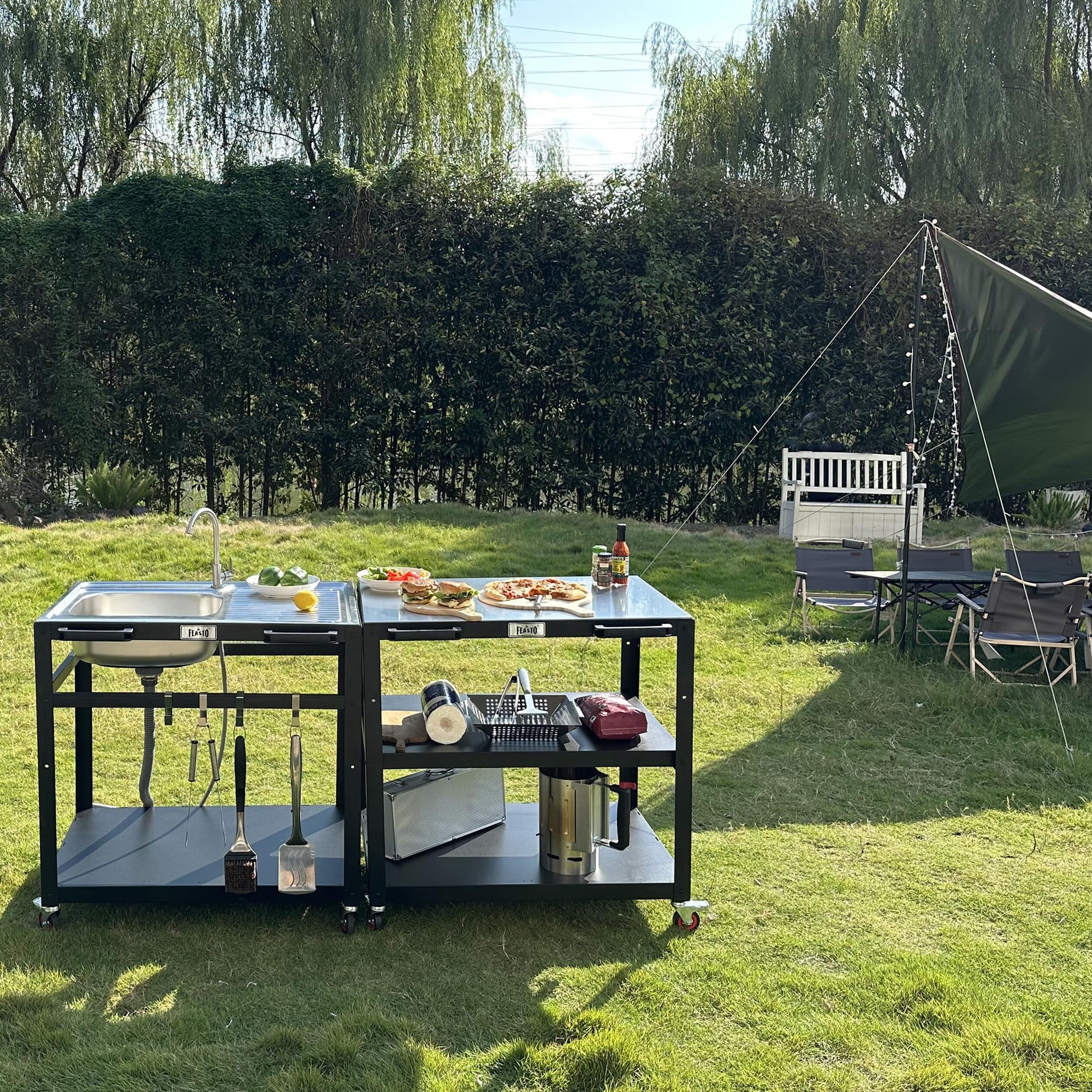 Stainless Steel 3-Tier Outdoor Grill Cart with Sink - Heavy Duty BBQ Prep Table with Wheels for Patio, Backyard, Camping & Tailgating | Perfect for Grilling, Food Prep & Outdoor Cooking