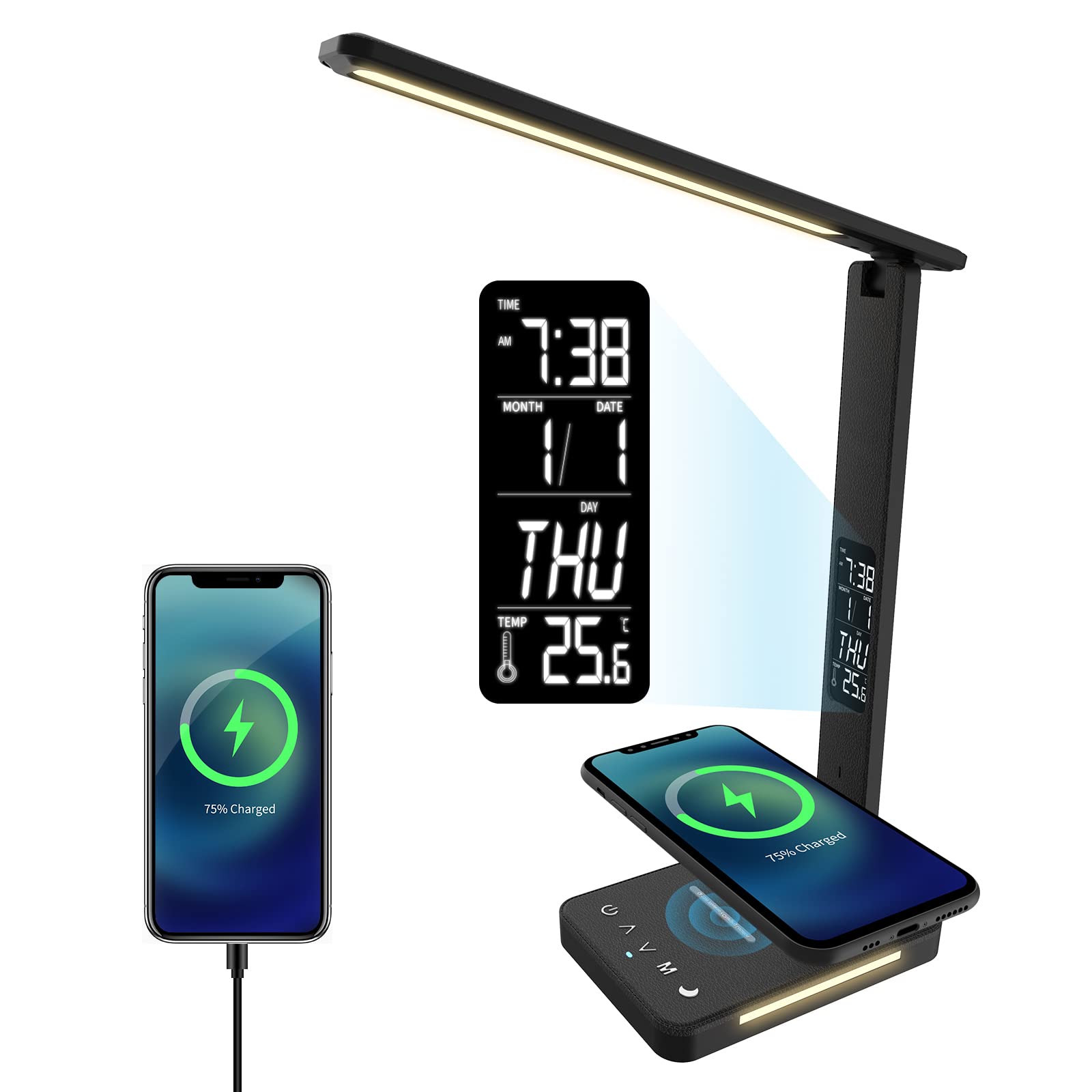 Banrterd LED Desk Lamp with Wireless Charger & USB Port - Dimmable Eye-Caring Light, Digital Alarm Clock, Temperature Display - Perfect for Home Office, Study & Night Reading (Black)