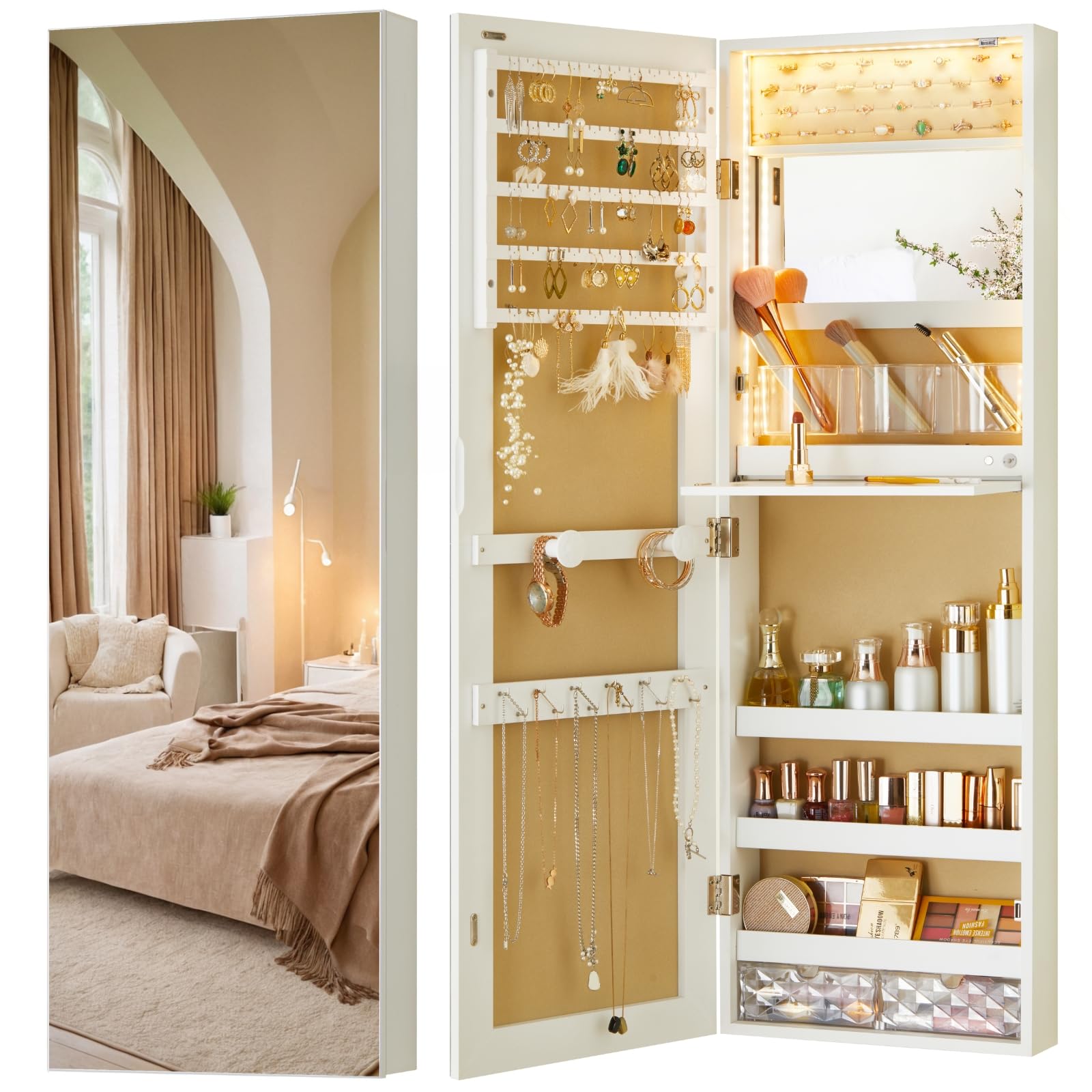 LUXFURNI Wall Mounted Jewelry Cabinet with LED Lights - 42.5