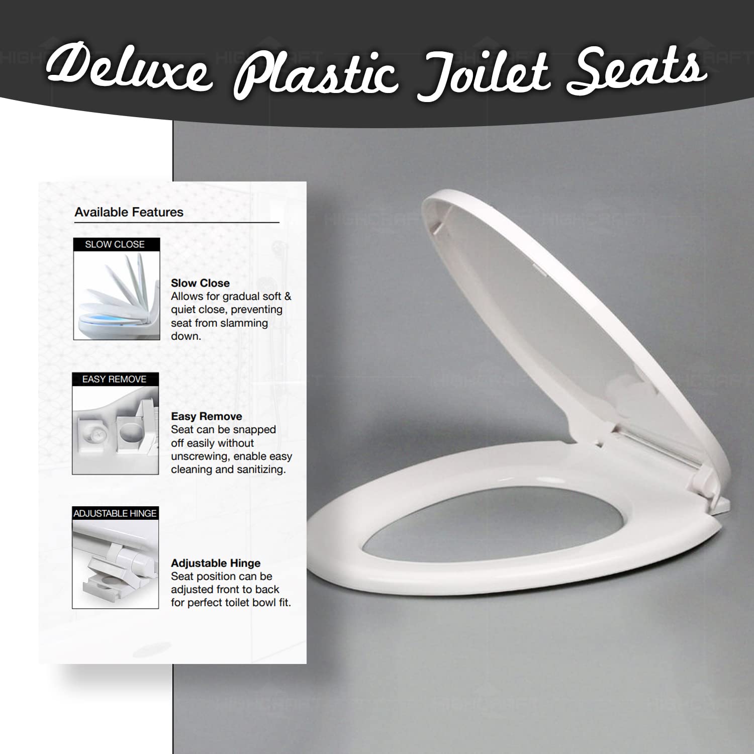 W4TSPE Elongated Plastic Toilet Seat with Slow Close Hinge - Easy to Remove & Install, White - Perfect for Bathroom Upgrade & Home Renovation