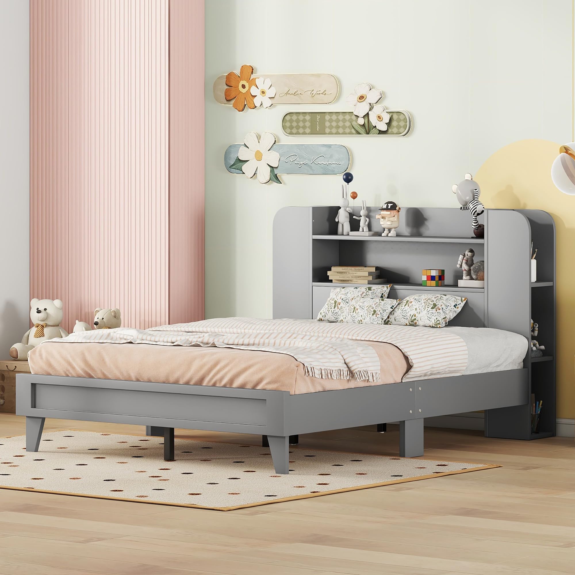 Full Size Wooden Platform Bed Frame with Storage Headboard & Shelves - Grey Kids Bed for Boys & Girls - Perfect for Small Bedrooms, Dorm Rooms & Space-Saving Storage Solutions