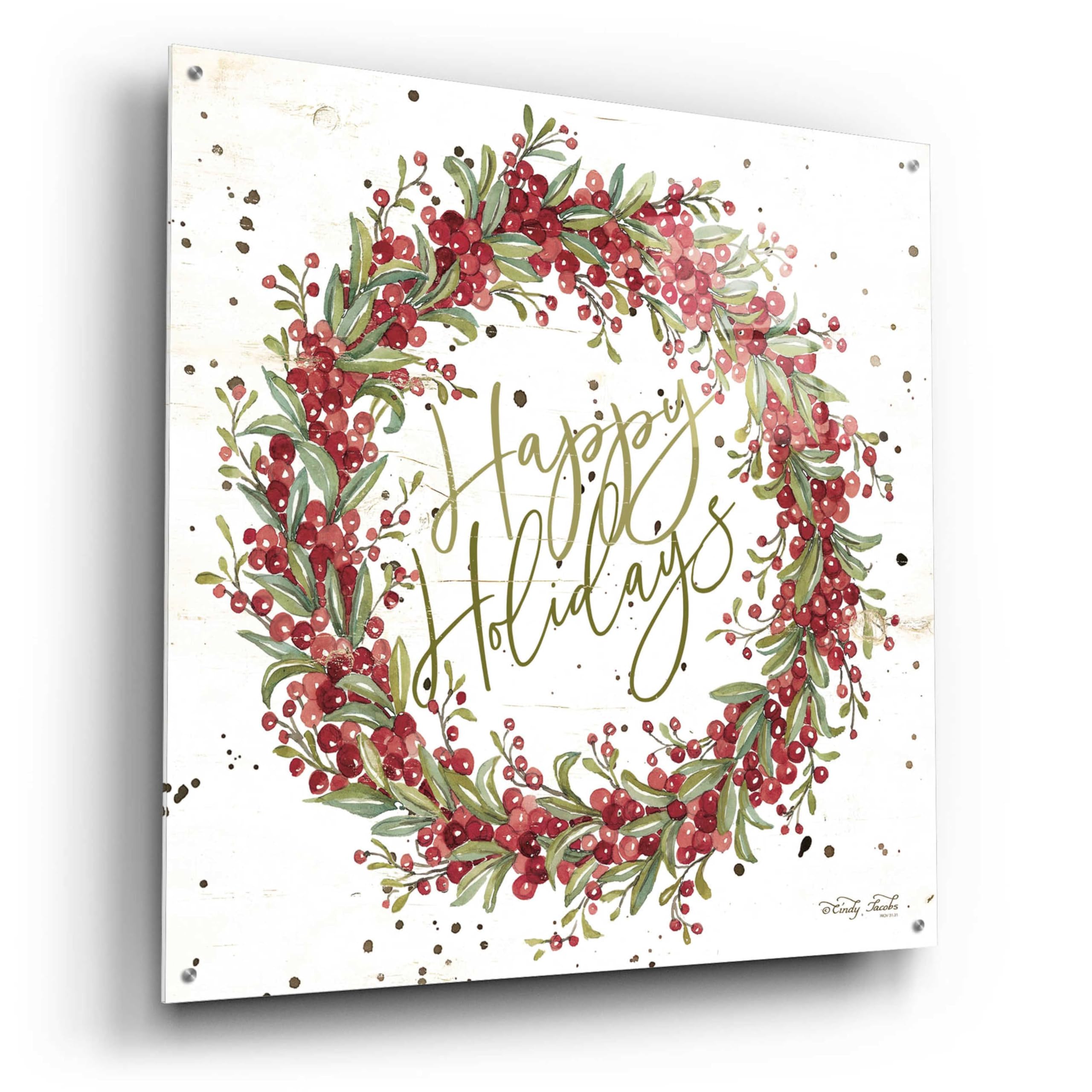 Happy Holidays Berry Wreath Acrylic Glass Wall Art - 36x36 Inch Christmas Decor by Cindy Jacobs - Perfect for Living Room, Bedroom, or Office Holiday Decoration