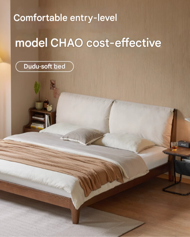 Solid Oak Wood Bed Frame with Soft Fabric Upholstered Headboard - Queen Size, Modern Minimalist Design for Bedroom, Guest Room, or Dorm