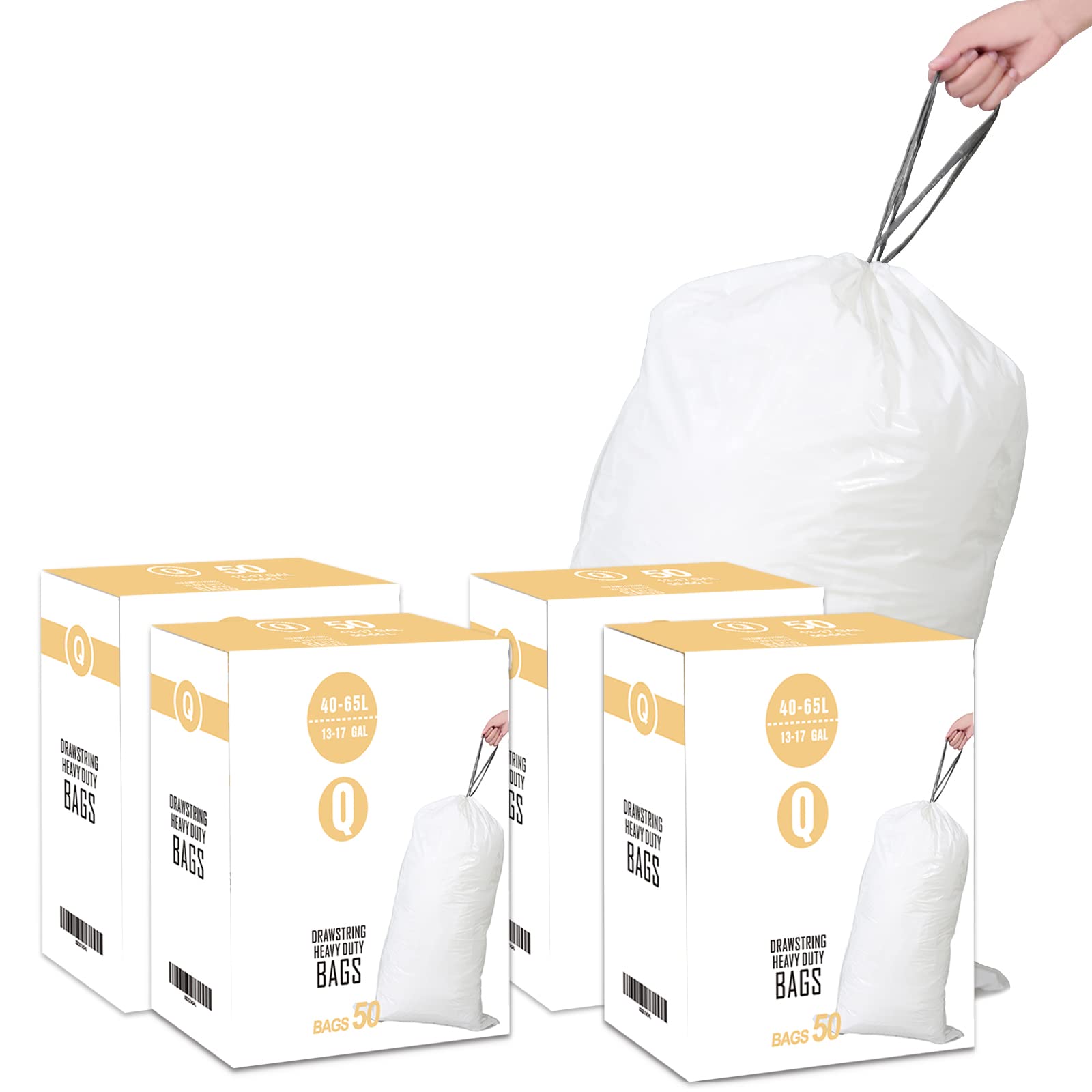 Simplehuman Code Q Compatible 13-17 Gallon Trash Bags - 4 Pack (200 Count) Heavy Duty 1.2 Mil Drawstring Garbage Bags - White Kitchen & Bathroom Waste Can Liners for Home & Office Use