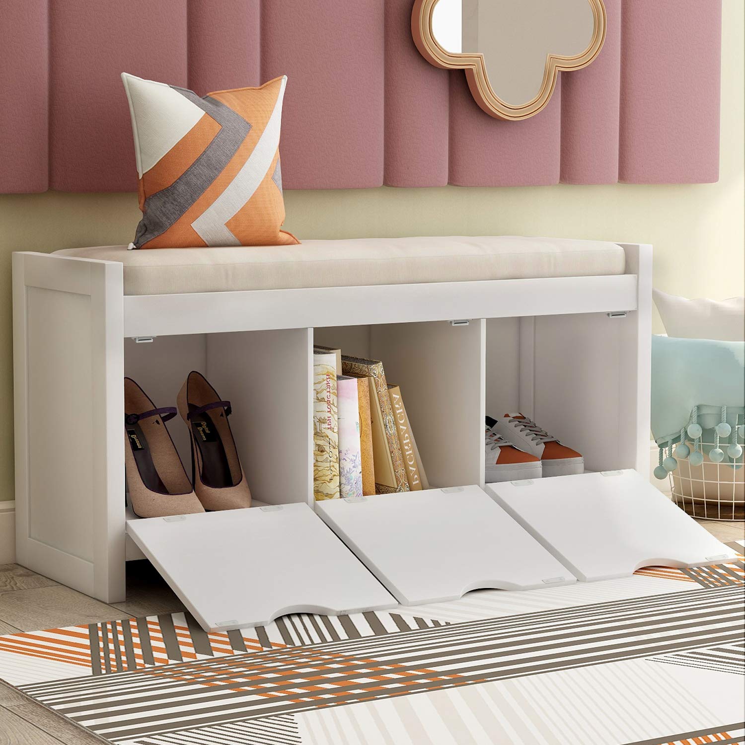 White Storage Bench with Removable Cushion & 3 Flip-Lock Storage Cubbies - Entryway Organizer for Living Room, Hallway & Bedroom - Large Capacity Shoe Storage & Seating Solution