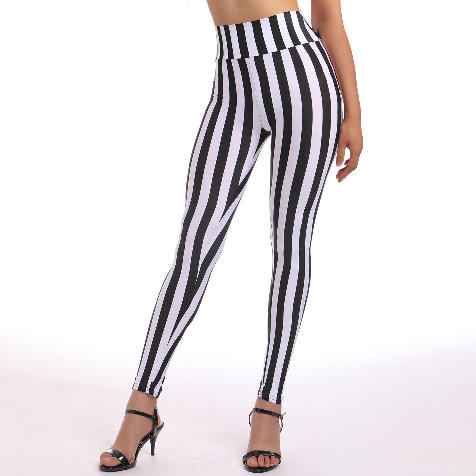 Black and White Striped Leggings for Women - High Waisted Stretchy Tights with Elastic Waistband | Halloween Costume, Dancewear, Yoga & Casual Outfits