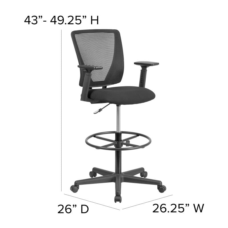FLASH Harper Ergonomic Mid Back Mesh Office Chair with Adjustable Foot Ring & Arms - Black Fabric Seat for Home Office, Drafting Desk, Computer Workstation & Gaming Setup