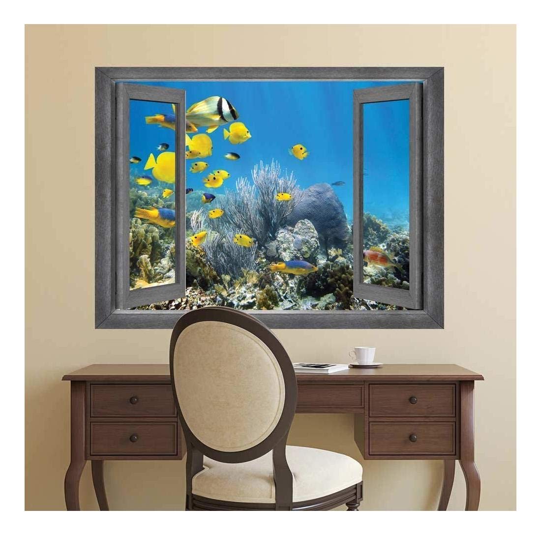 Open Window Creative Wall Decor - Yellow Fish Swimming School Mural, Removable Sticker for Home & Office - 24x32 Inches - Perfect for Kids' Room, Nursery, or Aquatic-Themed Spaces