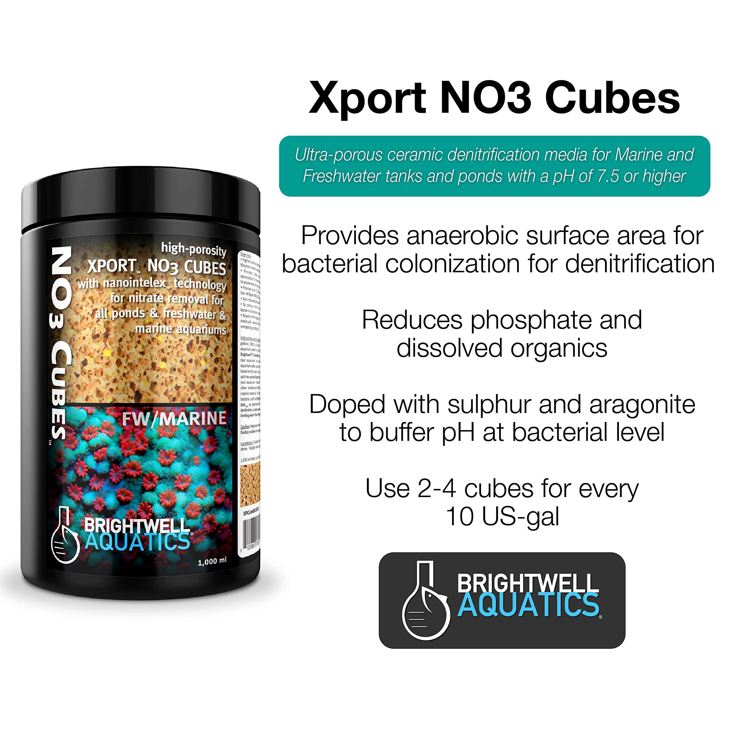Brightwell Aquatics Xport-NO3 Cubes - ½” Sulfur Doped Activated Denitrification Media for Aquariums (20-L, Model XPCubeN20L) - Ideal for Marine & Reef Tank Nitrate Removal