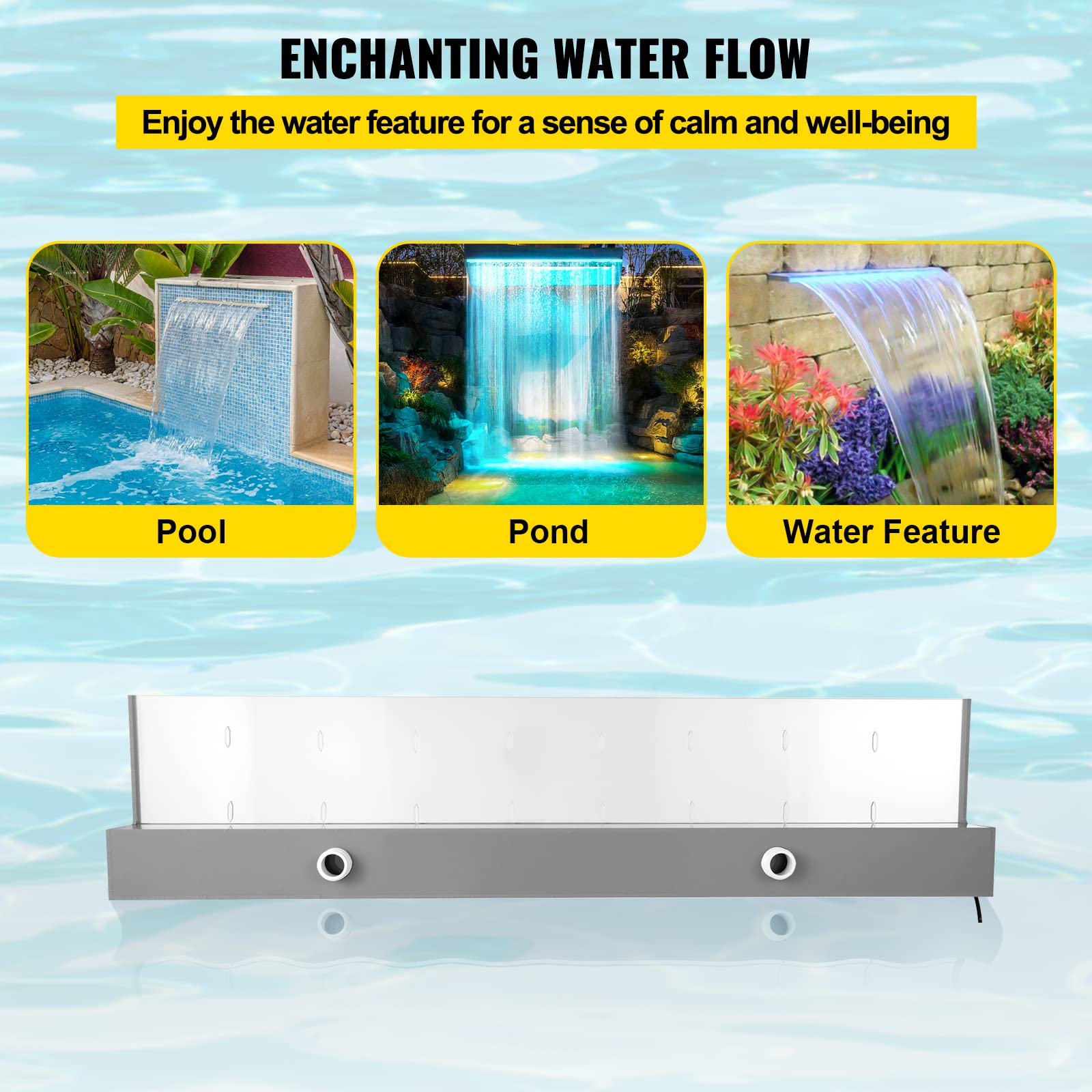 Vevor 35x3.2x8.1 Inch Acrylic Pool Waterfall Fountain with 17 Color LED Lights & Remote Control - Outdoor Waterfall Spillway Kit for Swimming Pools, Garden Ponds, and Backyard Landscaping