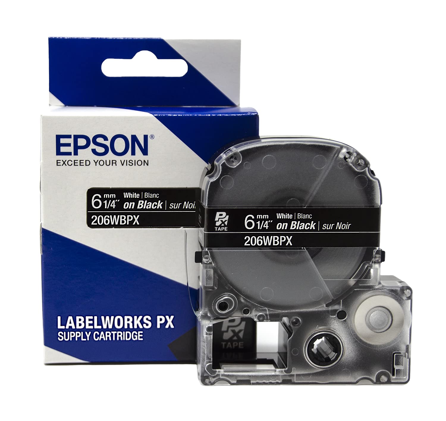 Epson LABELWORKS 206WBPX PET Polyester Tape Cartridge - White on Black Label Maker Tape - 1/4 Inch (6mm) Wide, 30 Feet - Perfect for Office, Warehouse & Home Organization