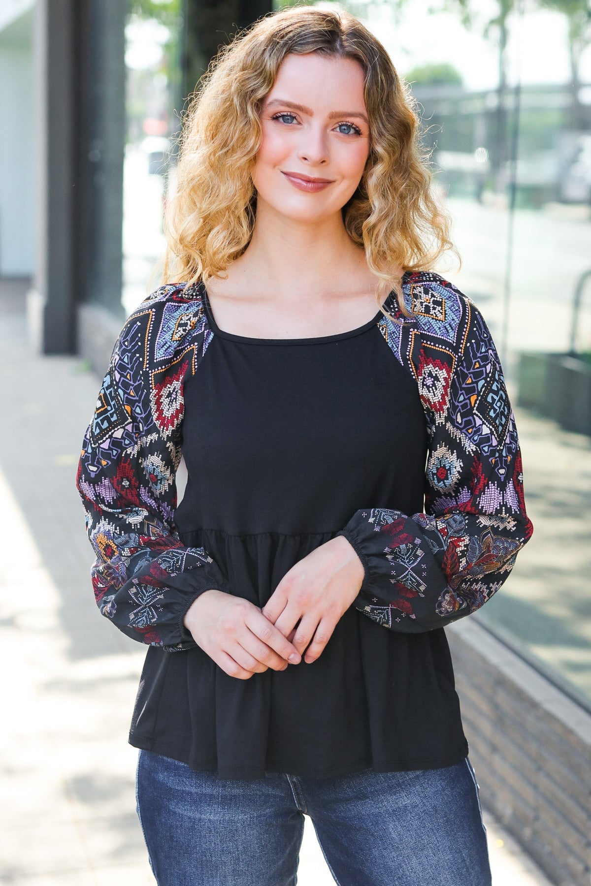 Stylish Black Square Neck Border Print Bubble Sleeve Blouse for Women | Trendy Floral Summer Top | Perfect for Date Night, Office Wear & Casual Outings