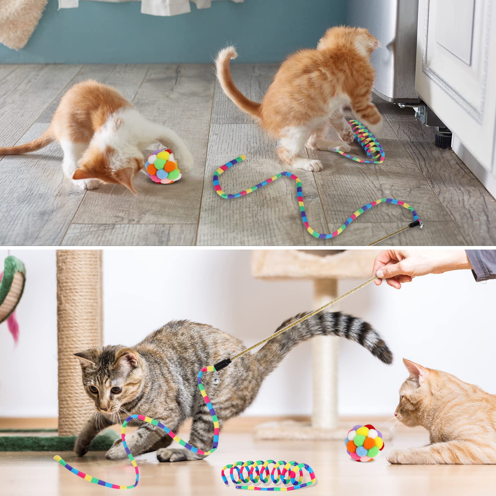 **TUSATIY 3-Pack Cat Toys Set - Interactive Cat Wand with Fuzzy Balls, Bells & Springs - Rainbow Color Toys for Indoor Cats & Kittens - Perfect for Playtime, Exercise & Bonding**
