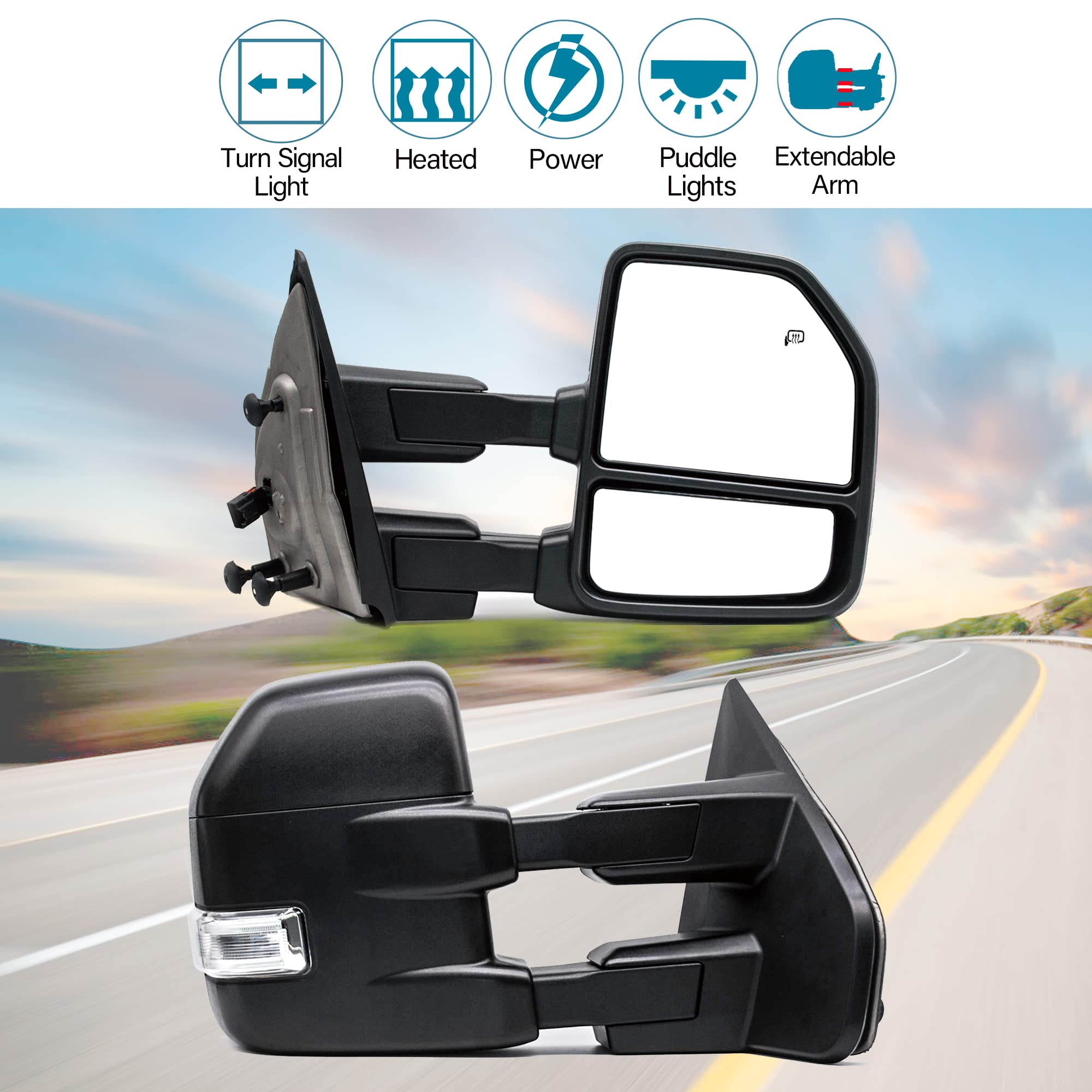 BOOLEE Power Heated Towing Mirrors with LED Turn Signal & Puddle Lights - Manual Folding Black Housing - Compatible with 2004-2014 Ford F150 Pickup Truck (Driver & Passenger Side) - Perfect for Towing, Off-Roading & Night Driving