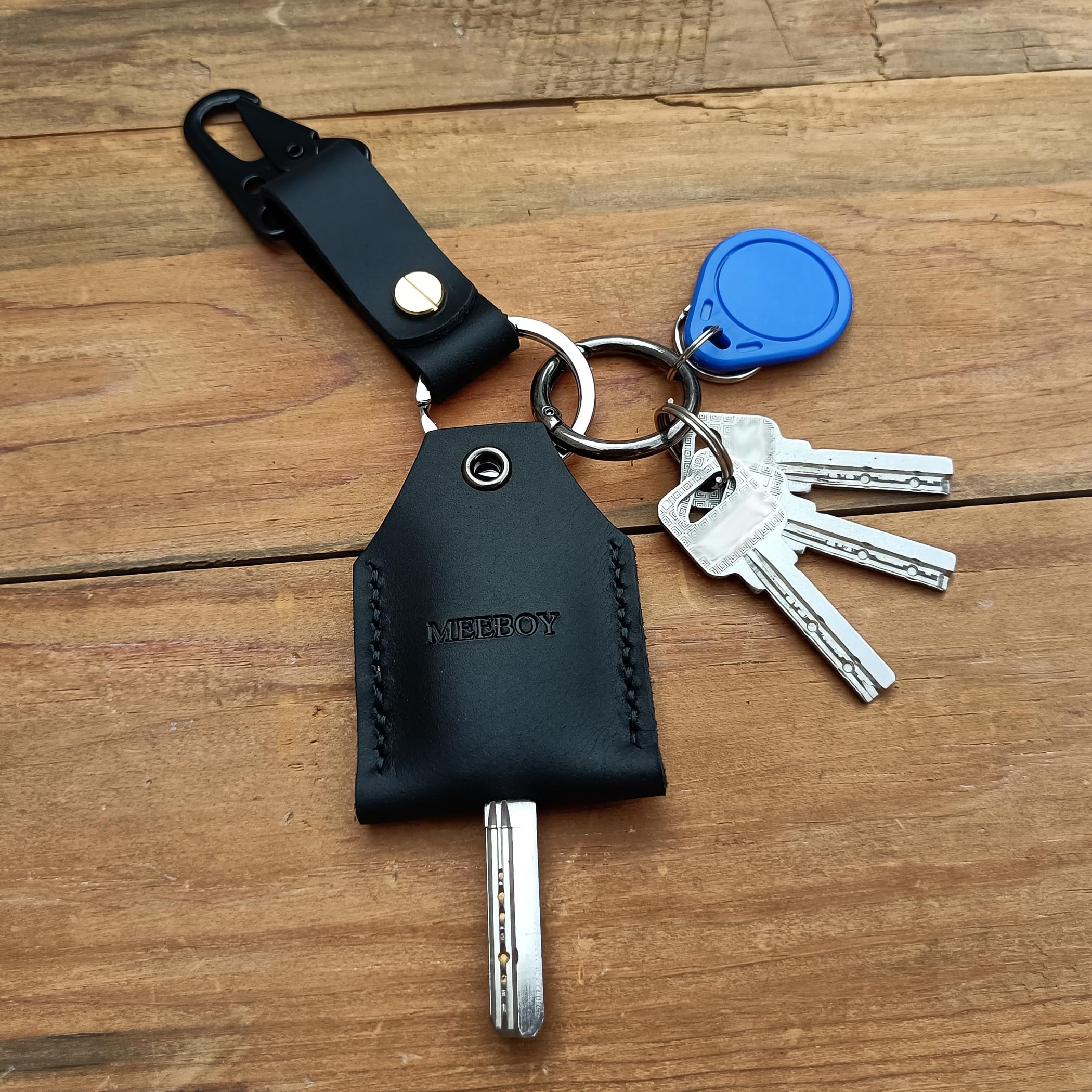 Handmade Leather Key Sleeve - Premium Key Ring Holder & Fob Protector - Durable Key Case Cover for Car, House & Office Keys (Large Size, Black) - Perfect for Key Organization & Protection