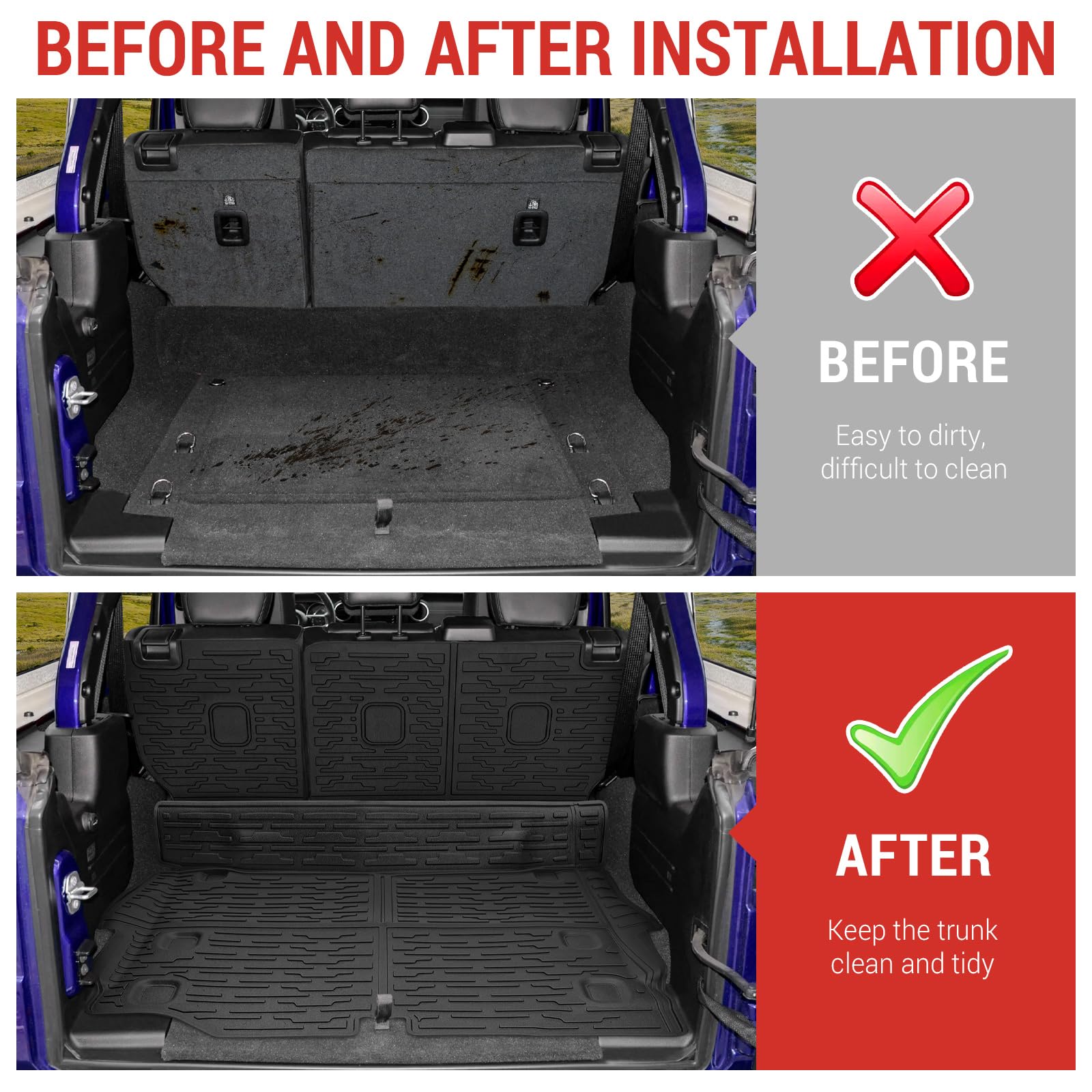 2021-2024 Jeep Wrangler JL 4 Door Unlimited 4XE Cargo Mat with Seat Back Cover - Heavy Duty TPE Trunk Liner & Backrest Protector for Jeep Wrangler JL/JLU Accessories - Perfect for Road Trips, Camping & Outdoor Adventures