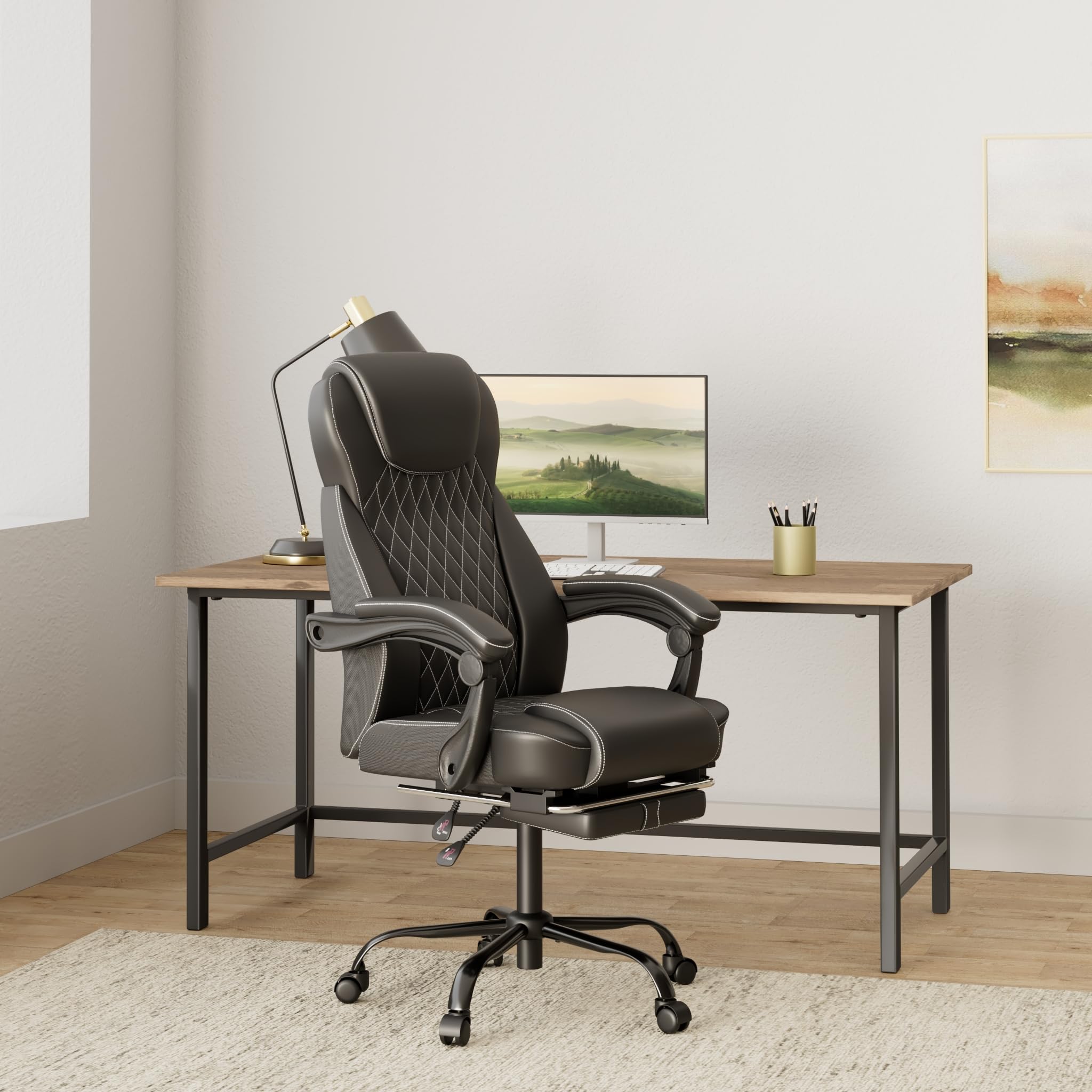 Ergonomic Big and Tall Office Chair with Footrest & Lumbar Support - High Back Reclining Leather Desk Chair for Home Office (Black) - Perfect for Long Work Hours & Gaming Sessions