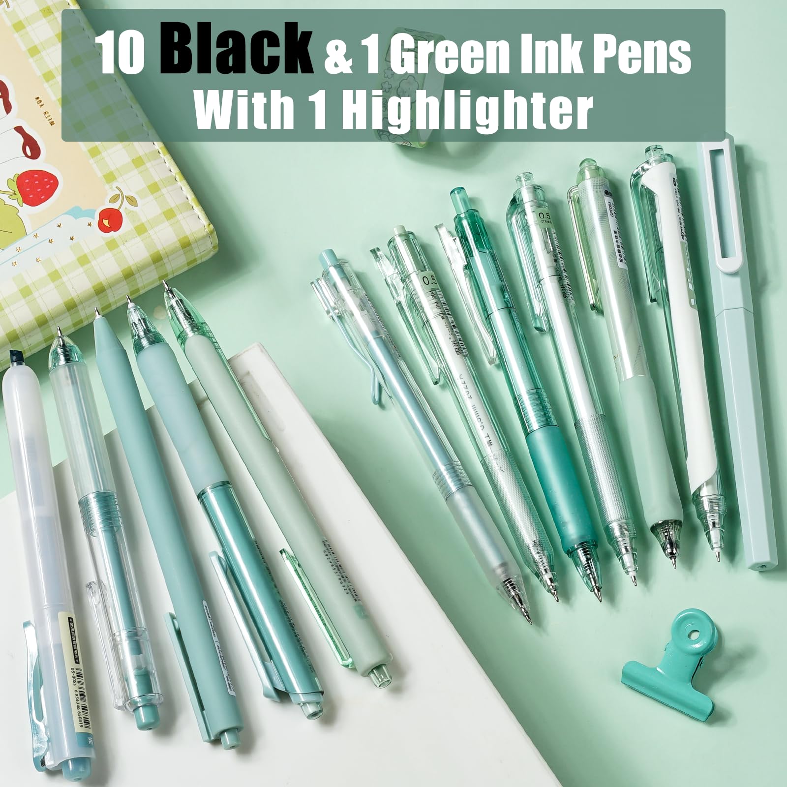 Pastel Gel Pens 12-Pack with Highlighter - 0.5mm Fine Point Retractable Pens for School, Office & Note Taking (Green)