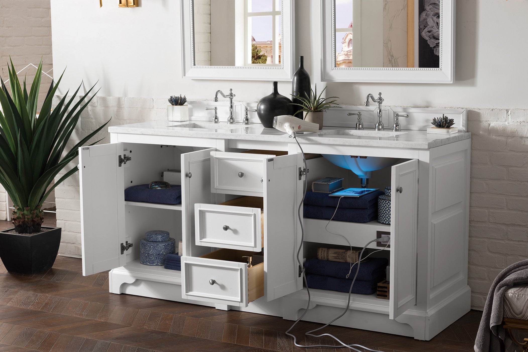De Soto 72 Inch Double Vanity with 3CM Arctic Fall Solid Surface Top - Bright White Bathroom Sink Cabinet for Modern & Traditional Homes | Perfect for Master Bath, Guest Bath, or Powder Room