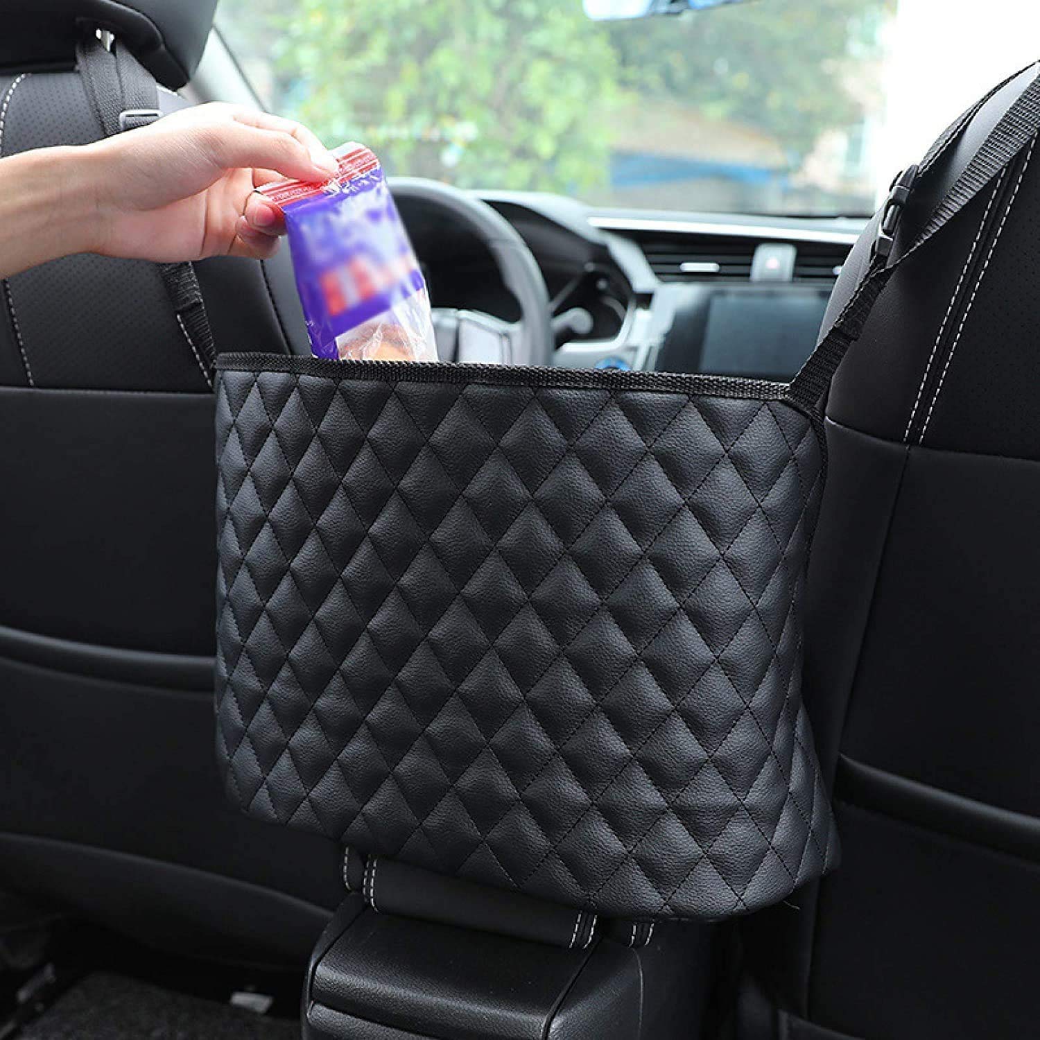 Uheng Car Seat Back Organizer - Large Mesh Storage Pocket for Purse, Phone & Documents - Black PU Leather Backseat Organizer for Kids & Pets - Perfect for Road Trips & Daily Commutes
