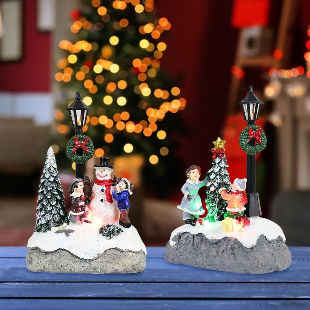 Battery Operated Christmas Village Set - LED Lighted Resin Holiday Houses & Town Decor for Christmas Tree, Mantel or Tabletop Display | Indoor Winter Village Scene Collection