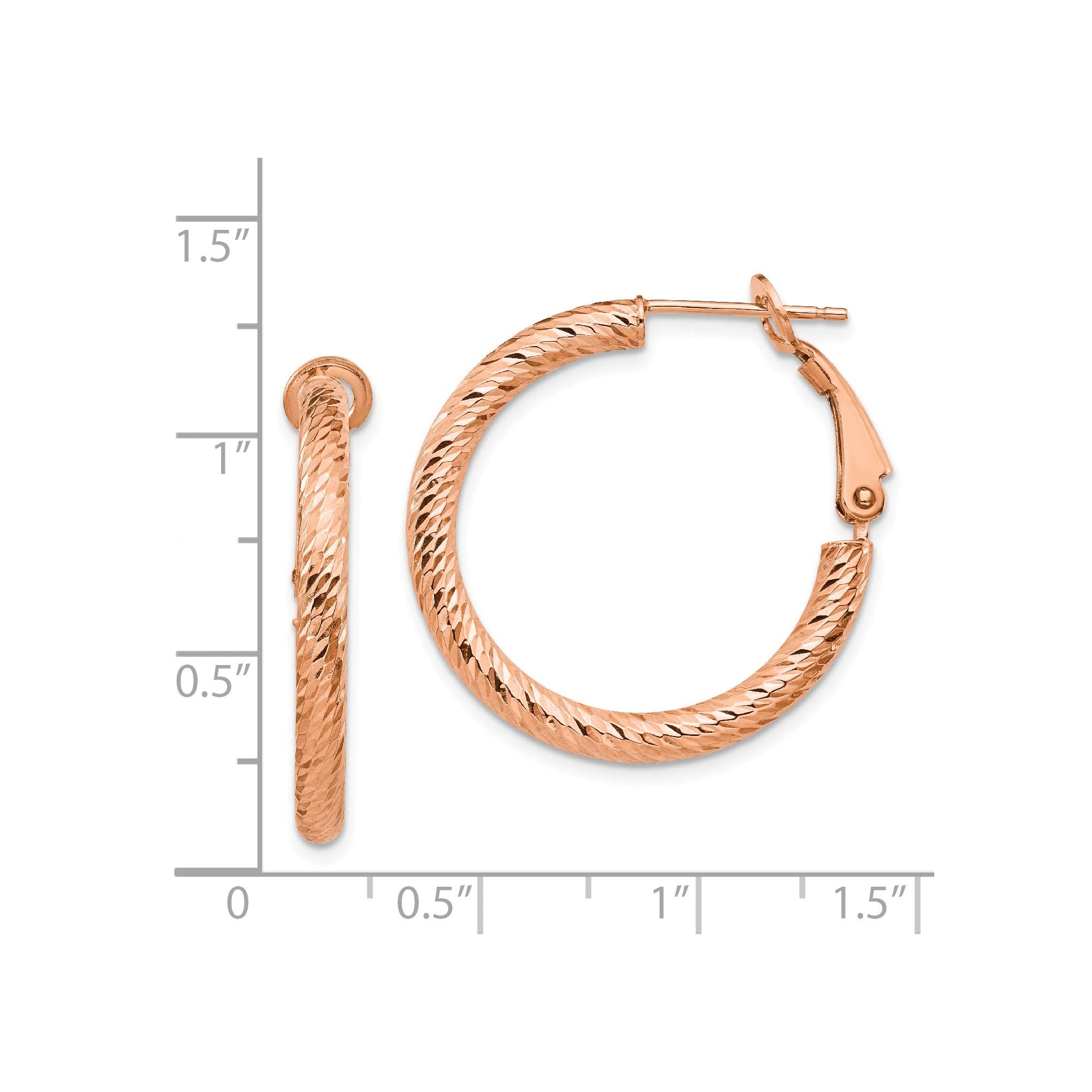 10K Rose Gold Round Omega Back Hoop Earrings - 3x20mm D/C Diamond Cut - Elegant Everyday Jewelry for Women, Perfect for Work, Date Night & Special Occasions