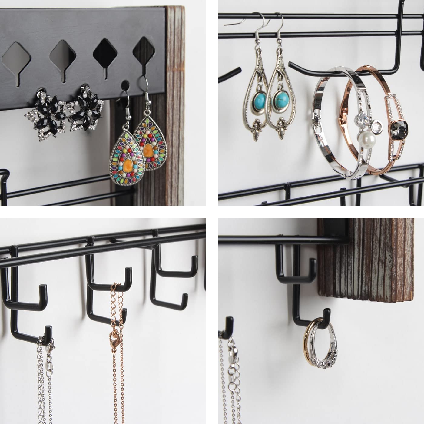 JackCubeDesign MK460A Rustic Wood Wall Mount Jewelry Organizer with Metal Hooks - Perfect for Bedroom, Bathroom & Closet Storage Organization
