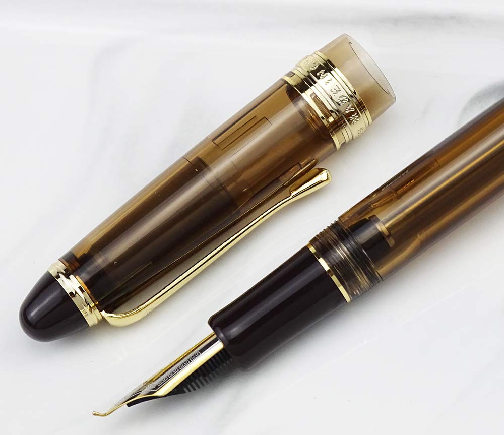 Yongsheng 699 Vacuum Filling Fountain Pen with Bent Nib - Transparent Brown Acrylic Barrel & Solid Grip (Includes Original Box) | Ideal for Calligraphy, Journaling & Gift Giving