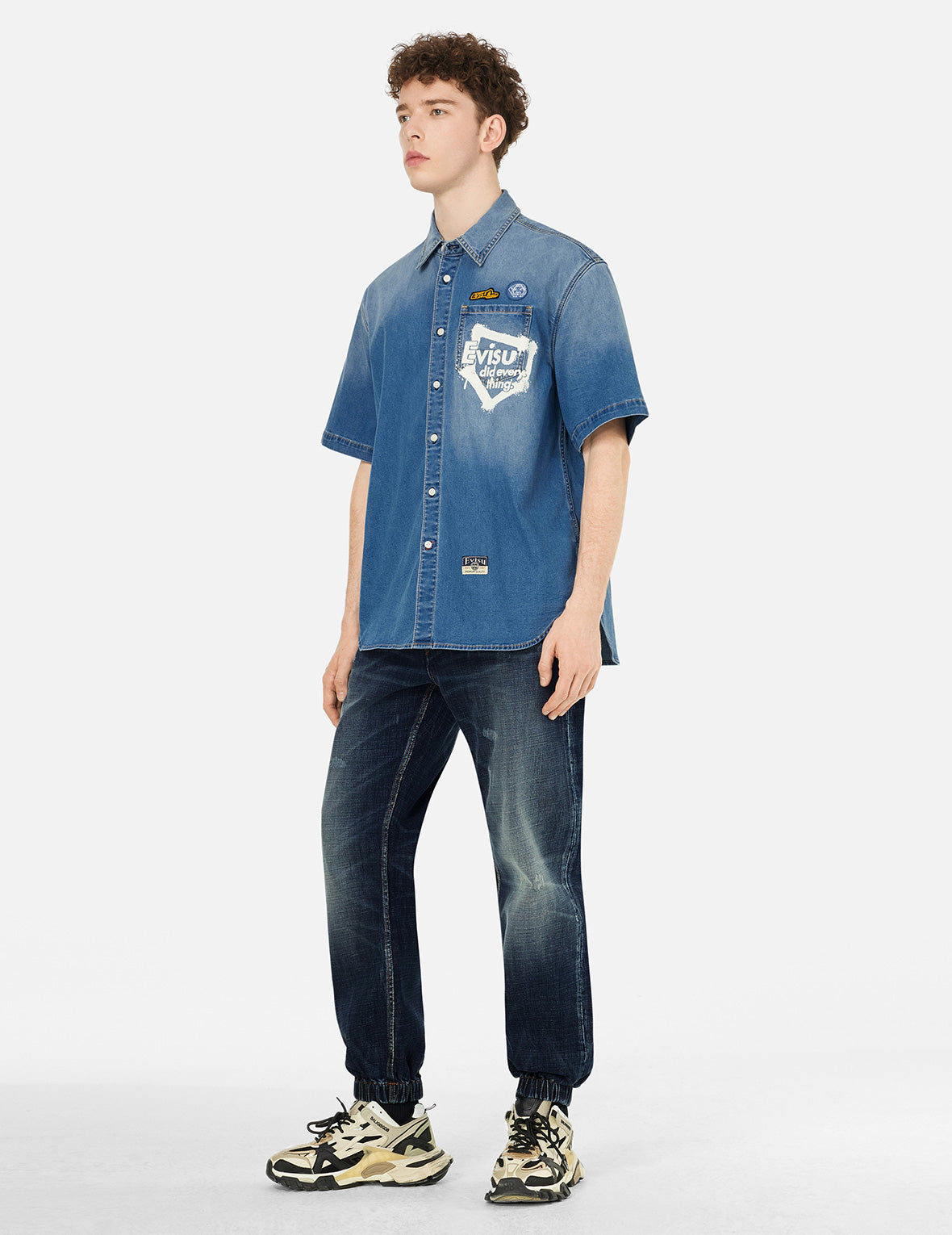 Graffiti Print Relaxed Fit Denim Short Sleeve Shirt for Men - Trendy Streetwear Style for Summer Outfits & Casual Wear