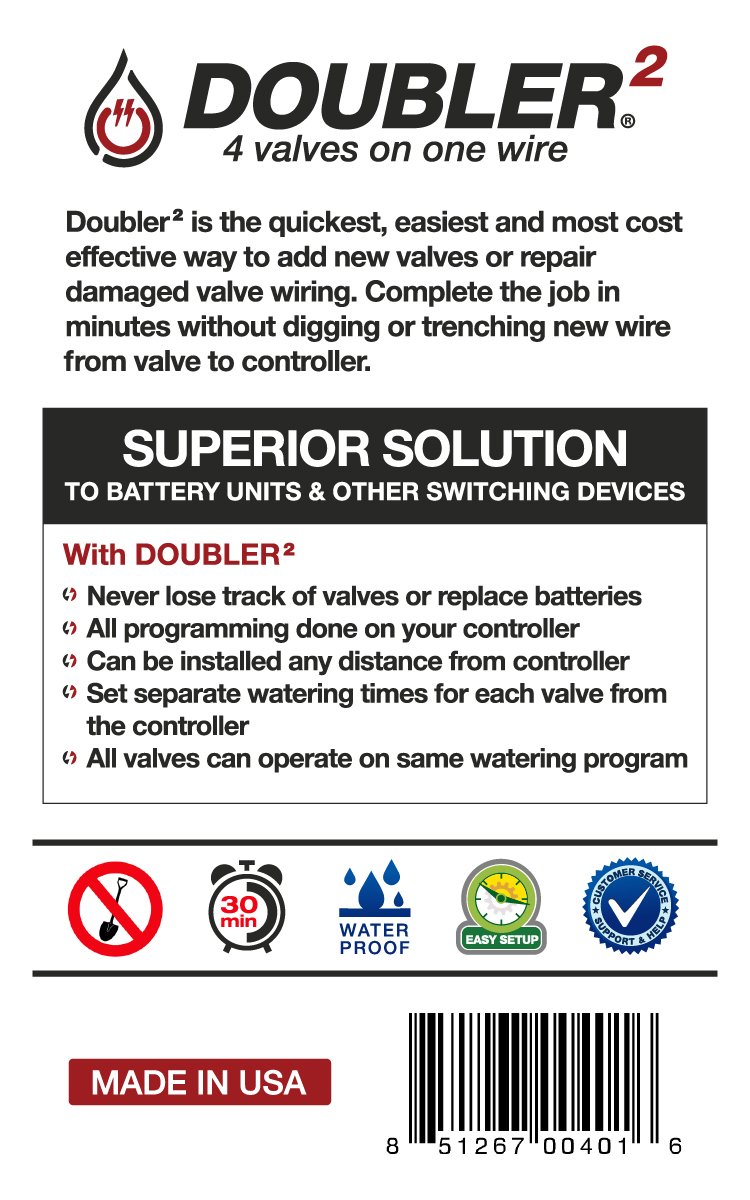 DOUBLER2 - 4 Zone Irrigation Valve Controller | Easy Lawn Sprinkler System Expansion & Repair Kit for Home Garden Watering