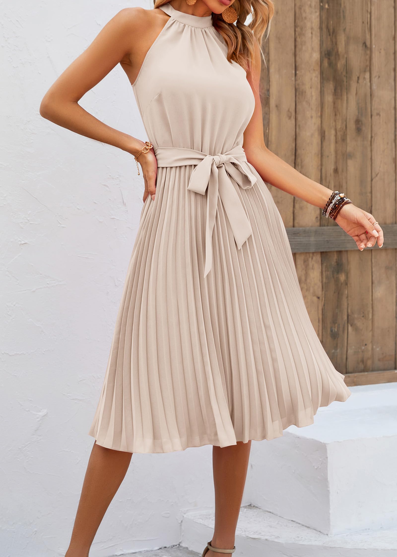 KIRUNDO Women's 2025 Summer Sleeveless Halter Neck Pleated Midi Cocktail Dress - A-Line Flowy Beach Sun Dress with Adjustable Belt for Parties, Vacations & Outdoor Events