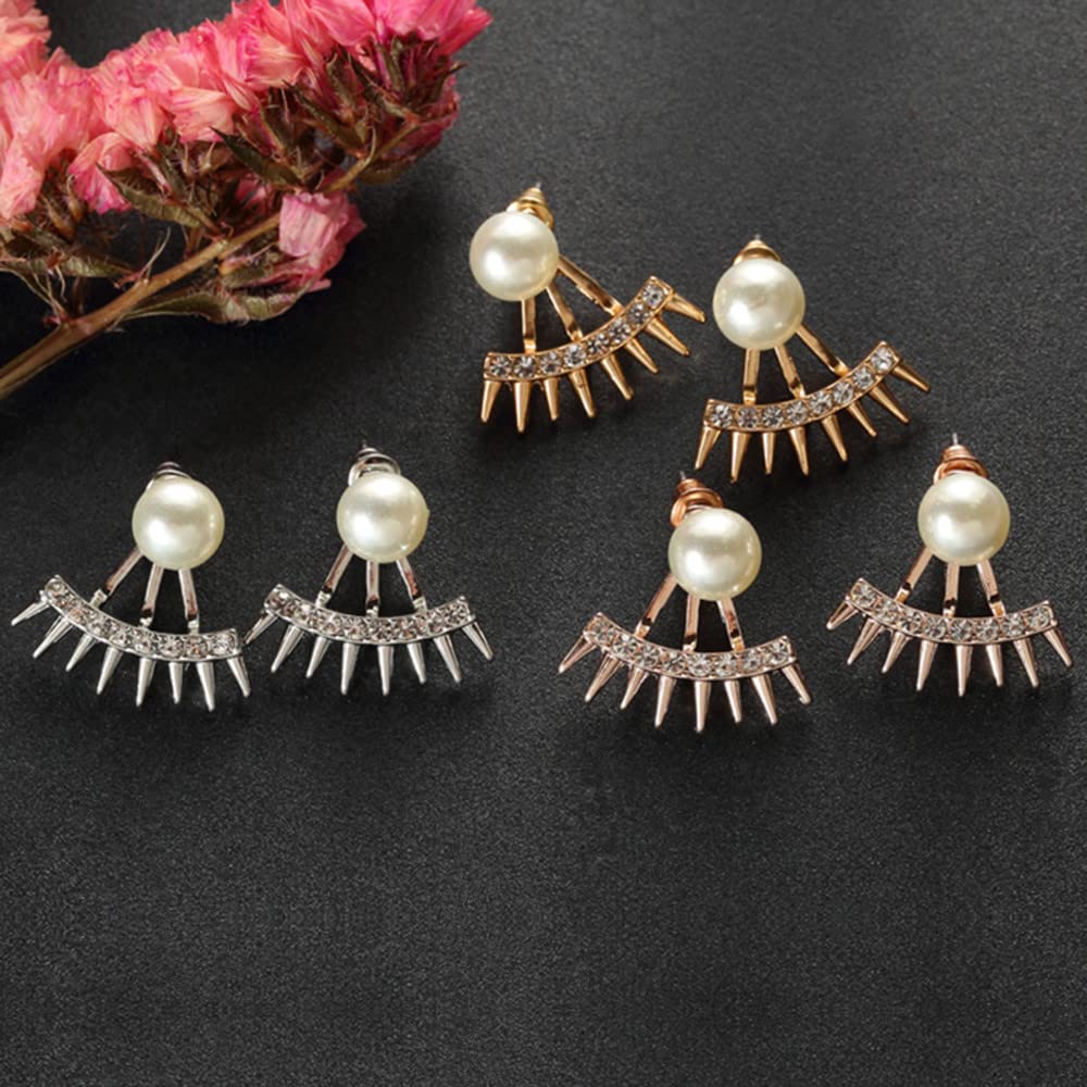 Jumwrit Silver Spike Ear Jacket Earrings with Pearl Stud & Rhinestone Dangle - Minimalist Front Back Cuff Earrings for Women | Perfect for Parties, Weddings & Everyday Wear