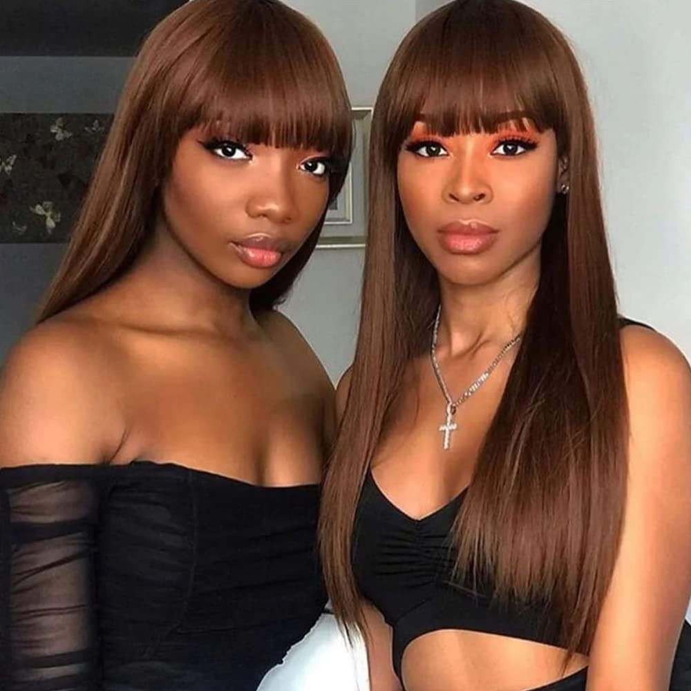 QD-Tizer Long Straight Brown Synthetic Wig with Bangs - Heat Resistant No Lace Fashion Wig for Women | Perfect for Cosplay, Daily Wear & Special Occasions