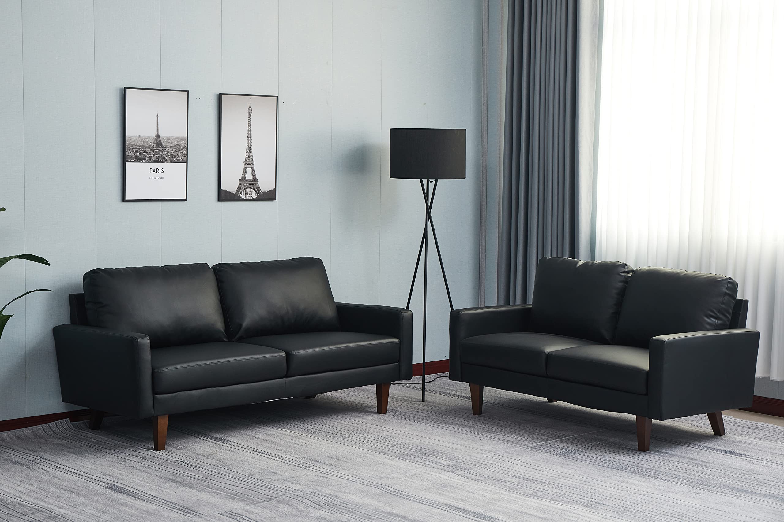 Premium Black Leather Loveseat Sofa - Modern Comfortable 2-Seater Couch with Sturdy Wooden Legs for Living Room, Office & Small Spaces - Perfect for Relaxing, Entertaining & Home Decor