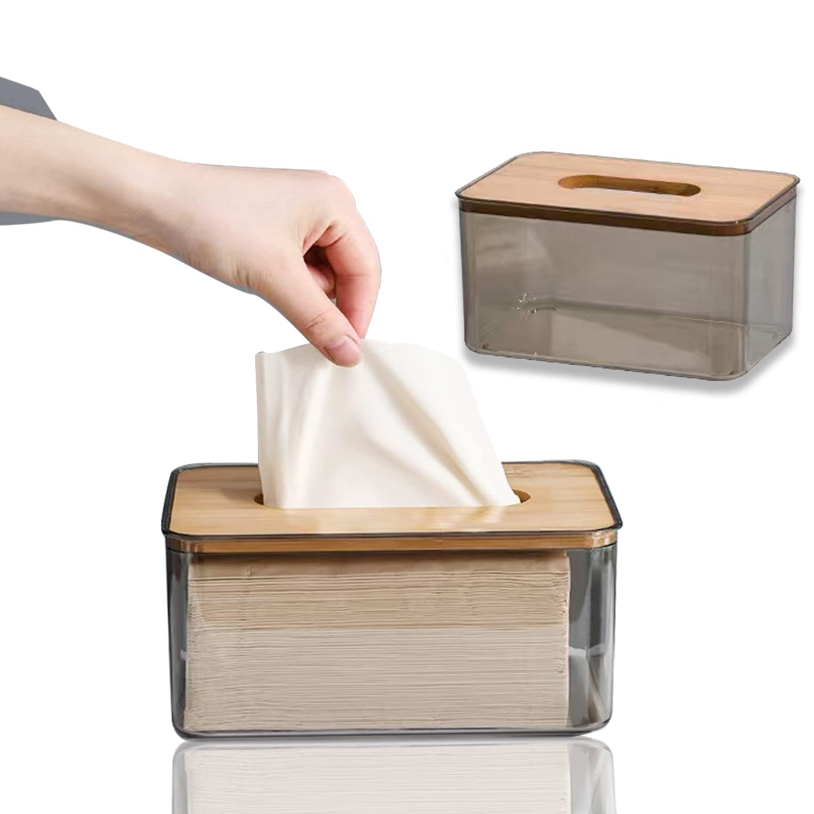 Huaodor Bamboo Tissue Box Cover - Minimalist Rectangular Tissue Holder with Lid, Clear Grey Dryer Sheet Dispenser for Bathroom Vanity, Living Room, Kitchen Countertop (7.1x4.7x4 Inches) - Perfect for Home Decor & Organization
