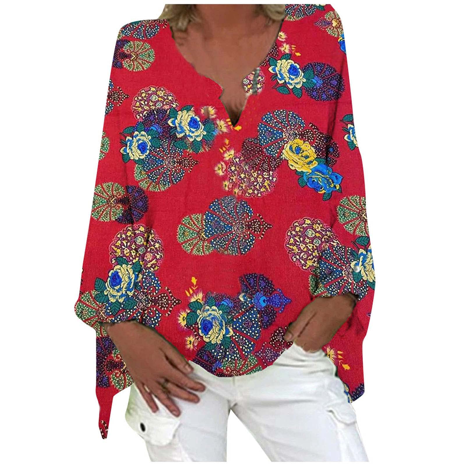 Plus Size Women's Summer Casual Tunic Tops - Cute Printed Loose V-Neck Linen Blouse & Boho Shirts | Perfect for Beach Outfits, Vacation Wear & Everyday Comfort