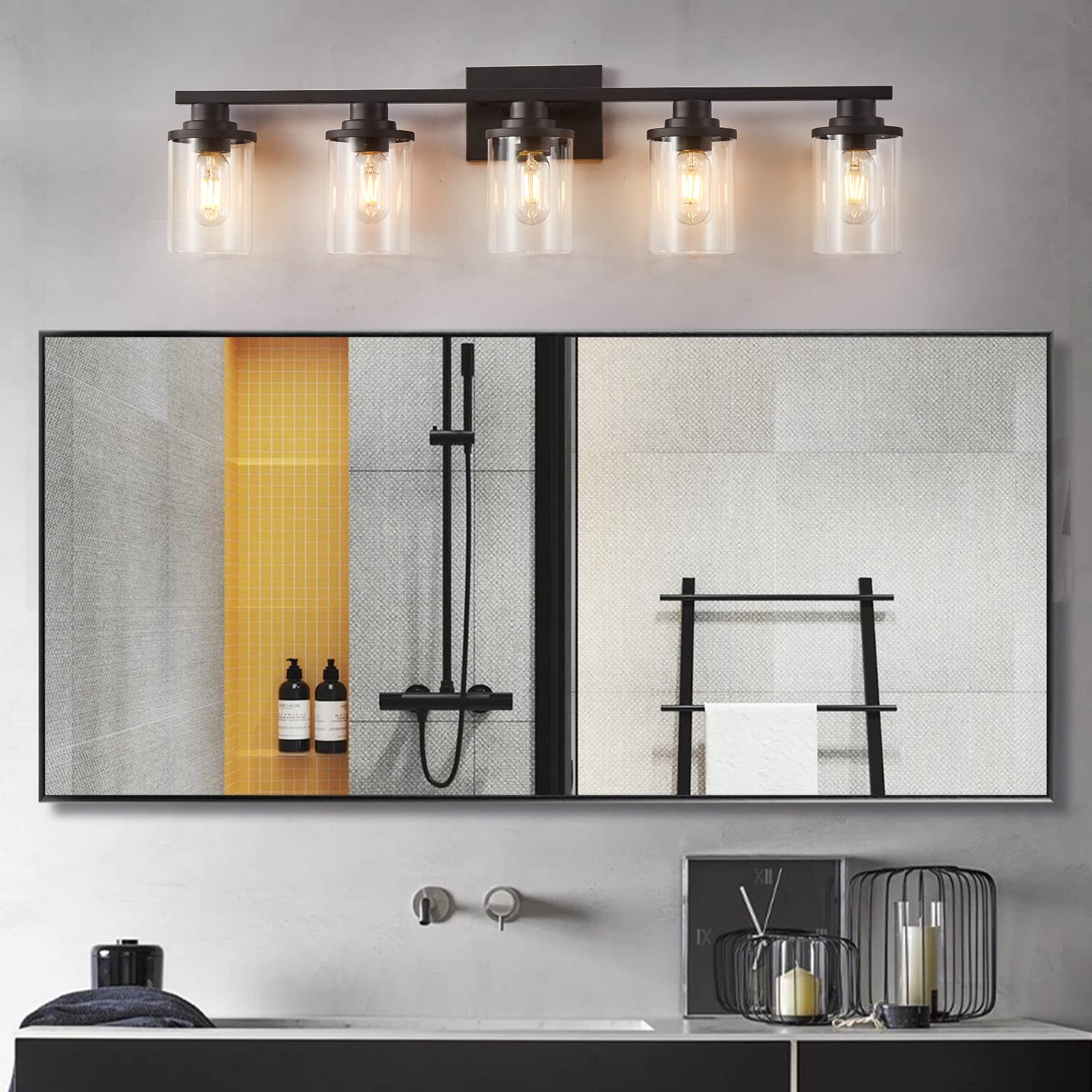 Stambord 5-Light Bathroom Vanity Light Fixture - Modern Matte Black Wall Sconce with Clear Glass Shade for Bathroom, Bedroom & Hallway - Perfect for Vanity Mirror Lighting, Dressing Area & Home Decor
