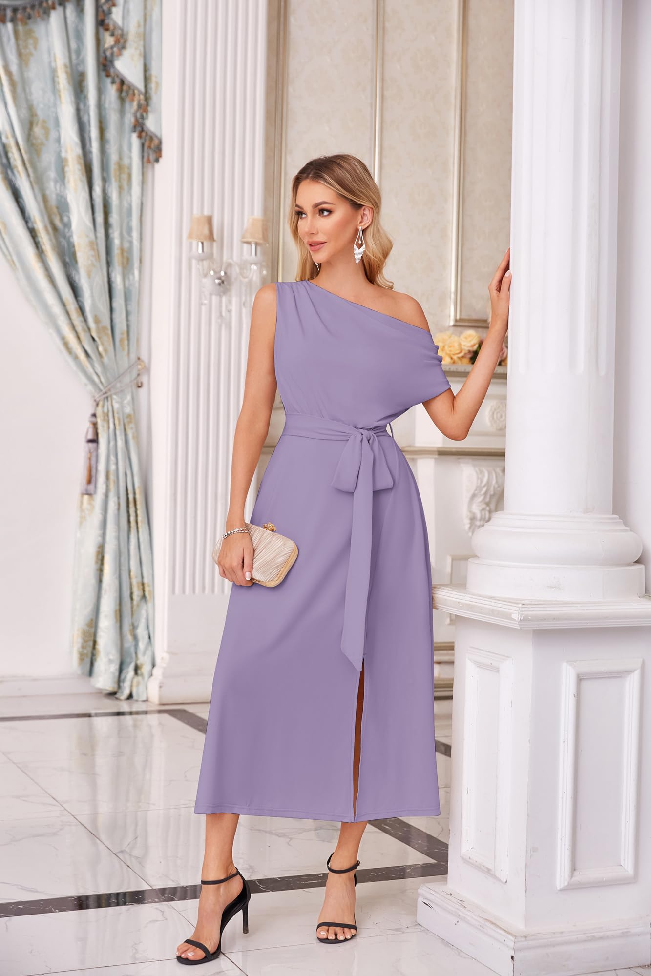 GRACE KARIN Women's Elegant One Shoulder Sleeveless Cocktail Dress | A-Line Midi Party Dress with Tie Waist | Perfect for Wedding Guest, Evening Gala & Special Occasions