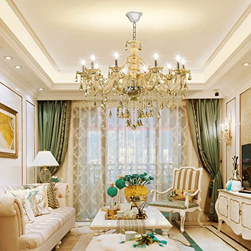 Elegant 10-Light Cognac K9 Crystal Chandelier - Modern Ceiling Lighting Fixture with E12 Crystal Pendants for Dining Room, Living Room, Bedroom, and Hallway - Perfect for Home, Store, and Hotel Decor