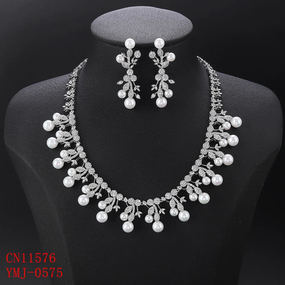 4 Colors Elegant White Cubic Zirconia Pearl Necklace Set - Women's Bridal Wedding Jewelry | Perfect for Parties, Anniversaries & Special Occasion Gifts CN11576