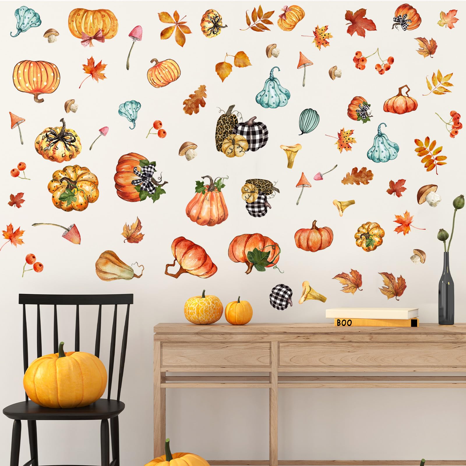 6 Sheets Thanksgiving Fall Wall Stickers - Autumn Leaves & Pumpkin Decor for Home, Office, Classroom - Removable Wall Decals for Kids, Parties & Seasonal Decorations - Perfect for Thanksgiving, Halloween & Fall Festivities