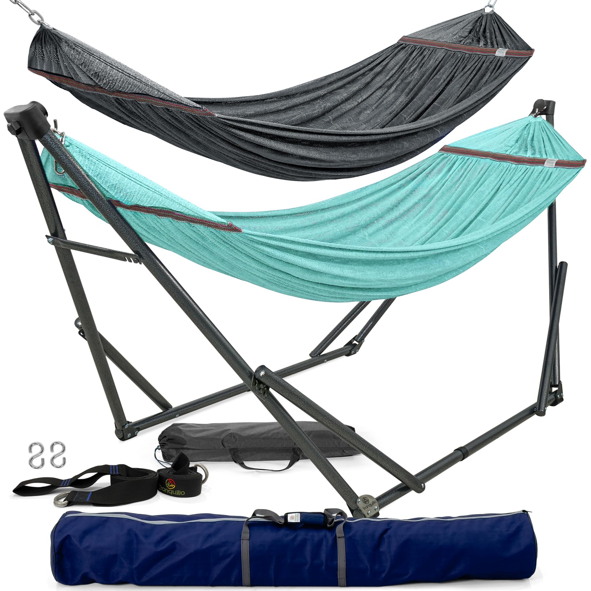 Tranquillo 2-Person Hammock Set with Stand - Heavy Duty 600lbs Capacity for Indoor & Outdoor Use - Includes 2 Hammocks, Tree Straps, and Portable Carrying Bags - Perfect for Backyard, Patio, Camping, and Beach Relaxation