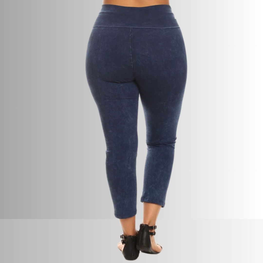 Plus Size Fold Over Waist Mineral Washed Capri Leggings - Made in USA | Yoga, Workout & Casual Wear