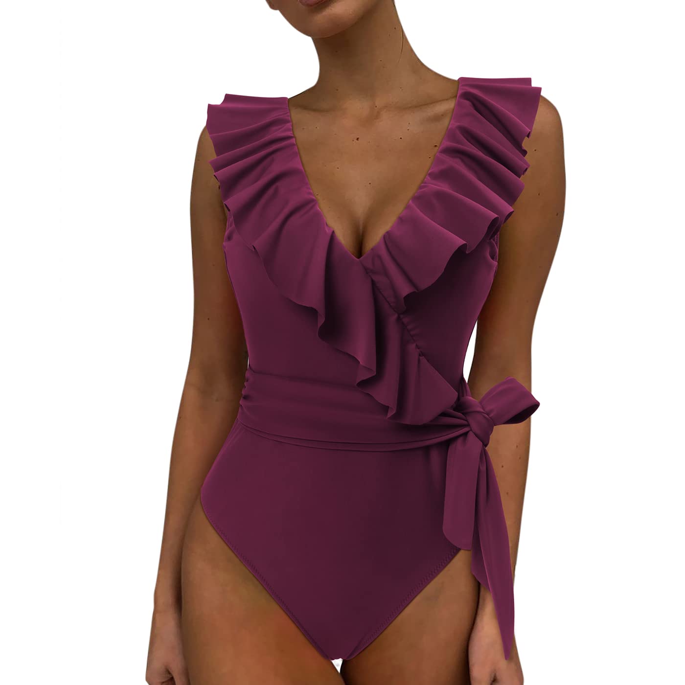 DOULAFASS Women's One Piece Swimsuit - V Neck Ruffle Tummy Control Monokini Bathing Suit for Beach, Pool & Summer Vacation | Plus Size Swimwear for Women
