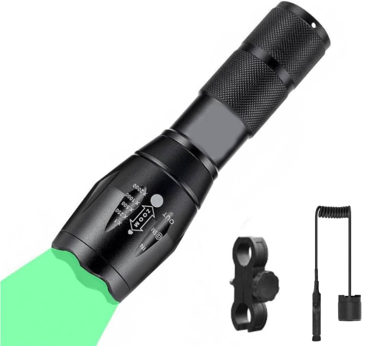 Rechargeable Green Hunting Flashlight 600 Yards - Professional Weapon Light with Mount & Pressure Switch for Long Distance Night Hunting (Hog, Coyote, Varmints) - Perfect for Night Vision Hunting, Tactical Missions, and Outdoor Adventures