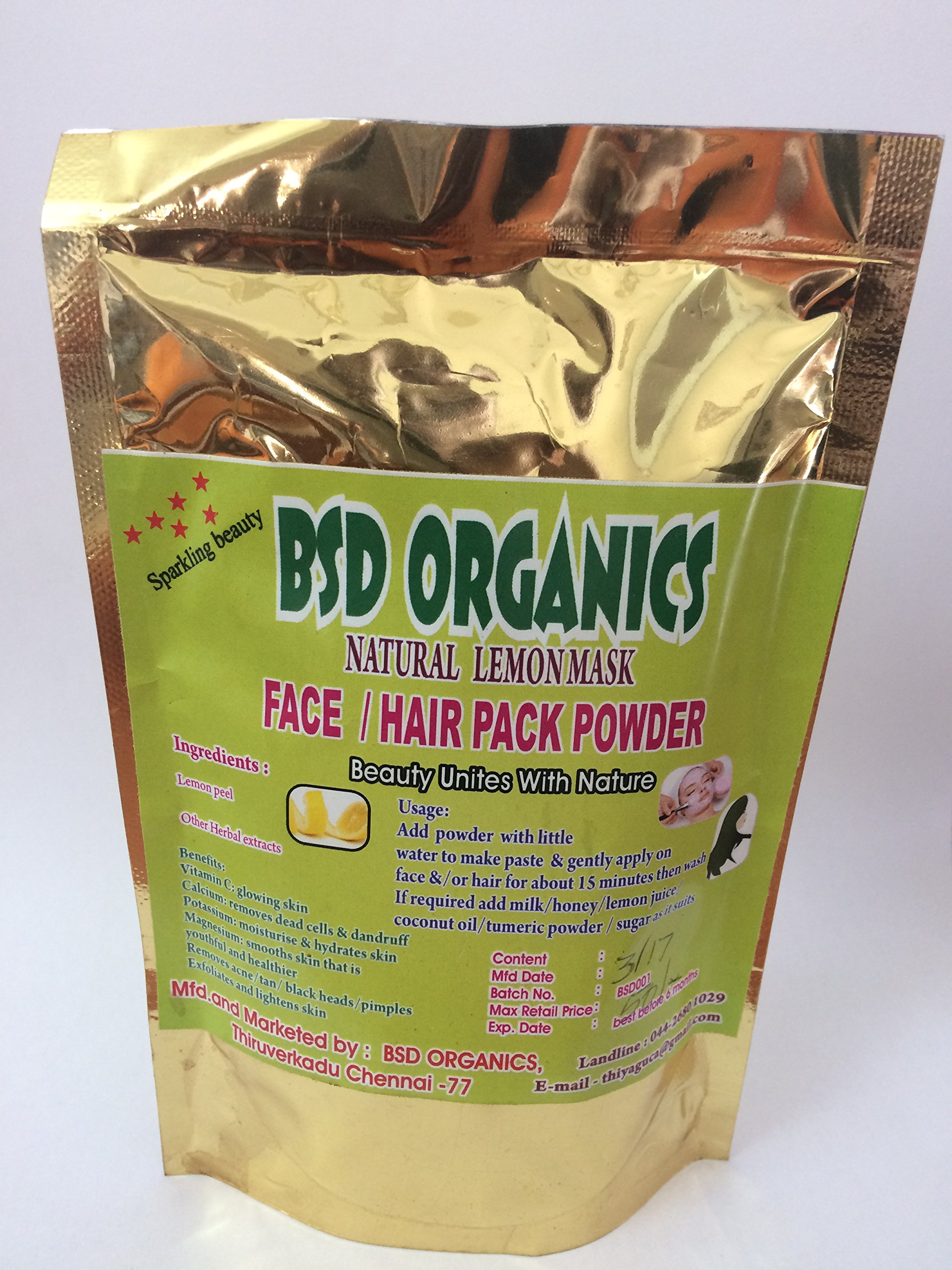 BSD Organics Natural Face & Hair Pack with Lemon Peel Powder - 200g | Organic Skincare & Hair Treatment for Glowing Skin & Healthy Hair | Perfect for DIY Face Masks & Hair Conditioning