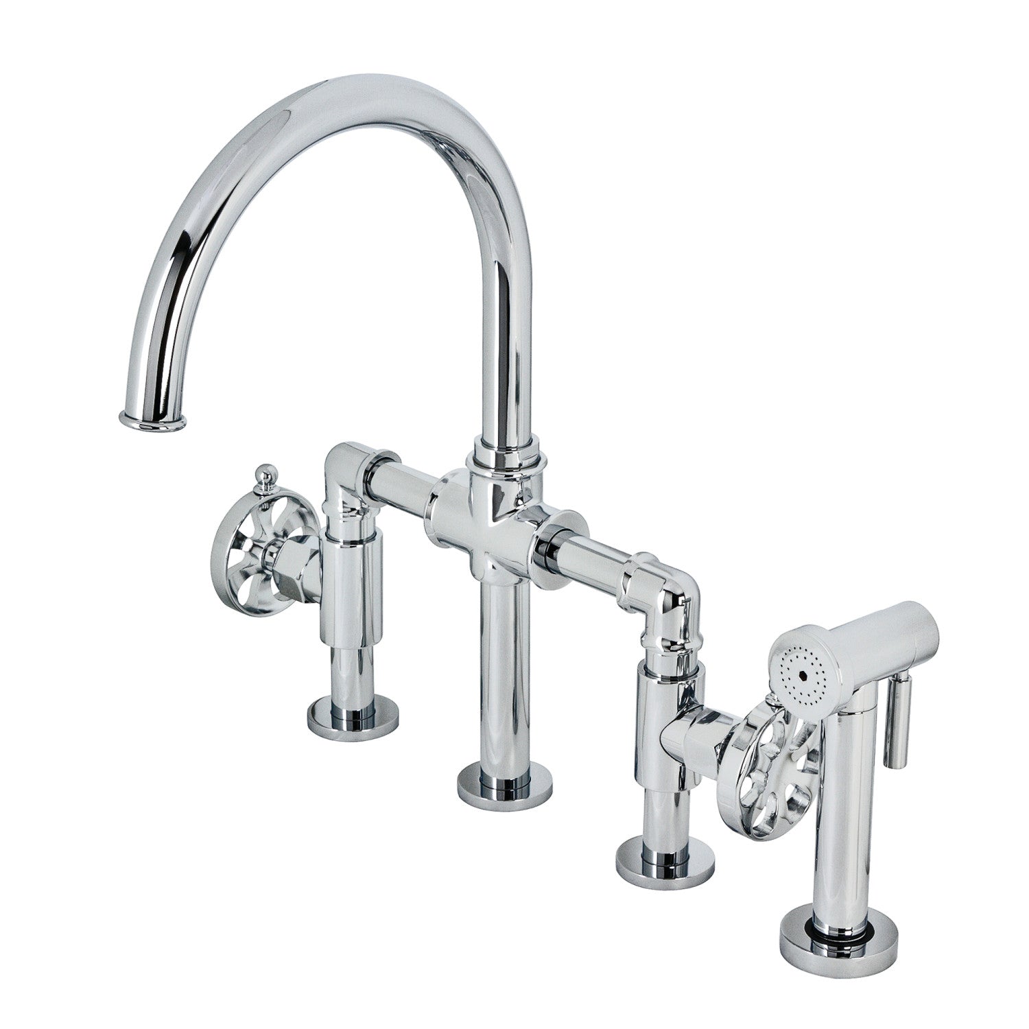 Belknap KS2331RX Industrial Style Bridge Kitchen Faucet - 2 Handle 4 Hole Deck Mount with Brass Side Sprayer, Polished Chrome Finish for Modern Farmhouse & Commercial Kitchens